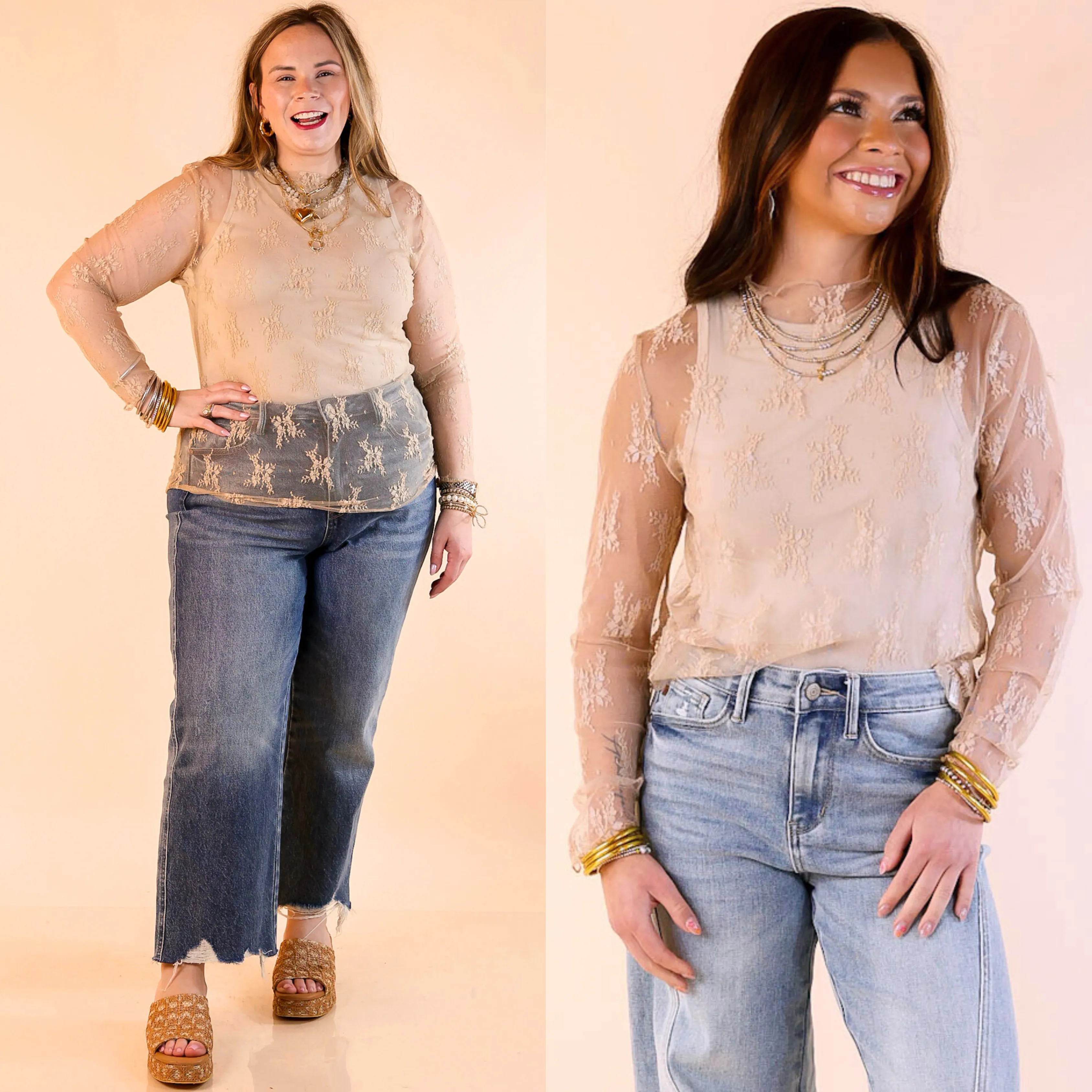 Sporty Style Delicate Charm Long Sleeve Sheer Lace Top with Mock Neck in Beige