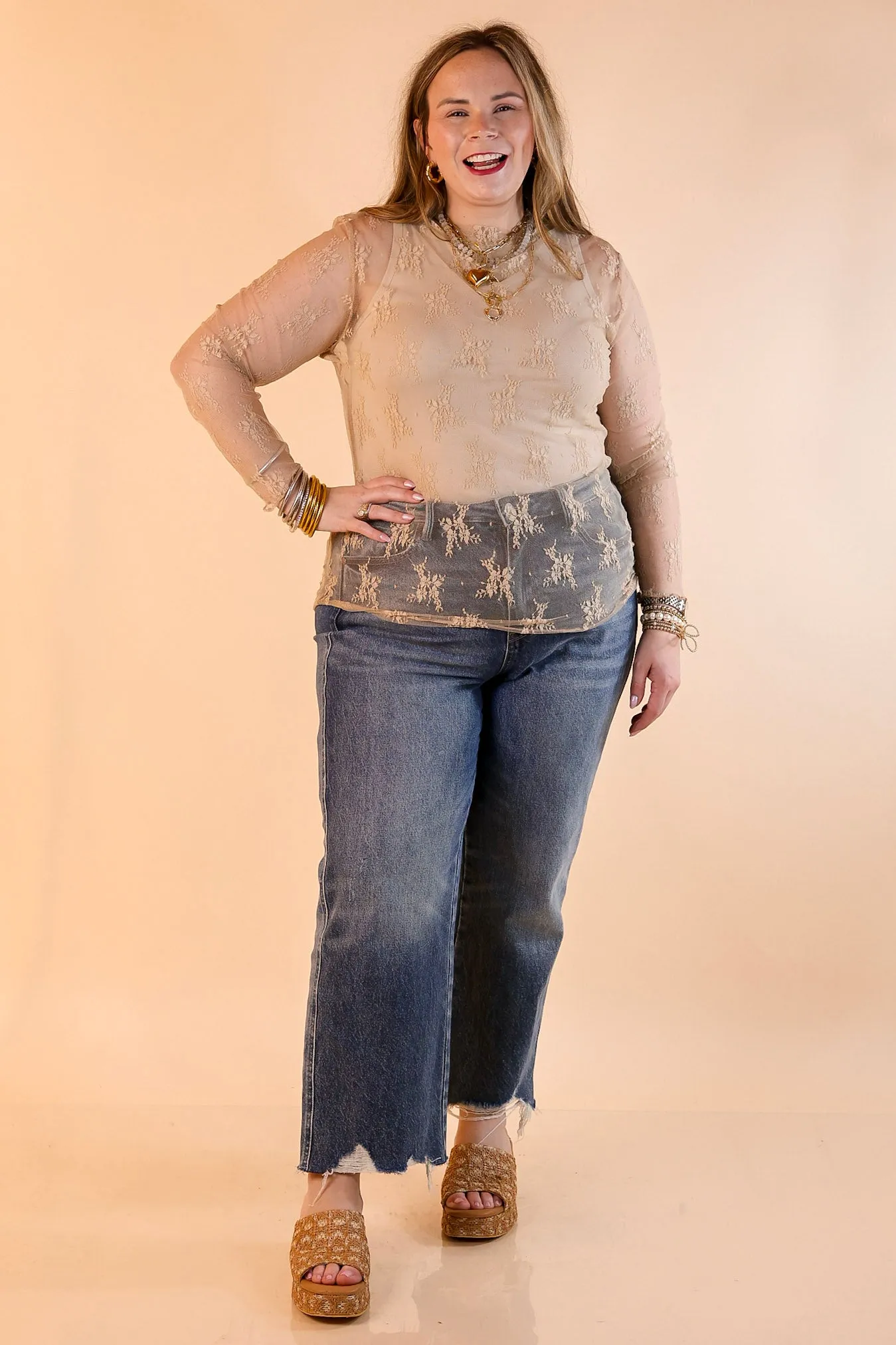 Delicate Charm Long Sleeve Sheer Lace Top with Mock Neck in Beige Everyday Comfort Fit