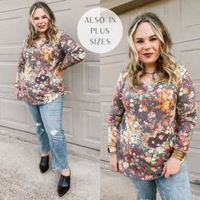 FadeResistant Dye Last Chance Size Small | Keep Things Simple Long Sleeve Floral V Neck Pullover Top in Charcoal Grey
