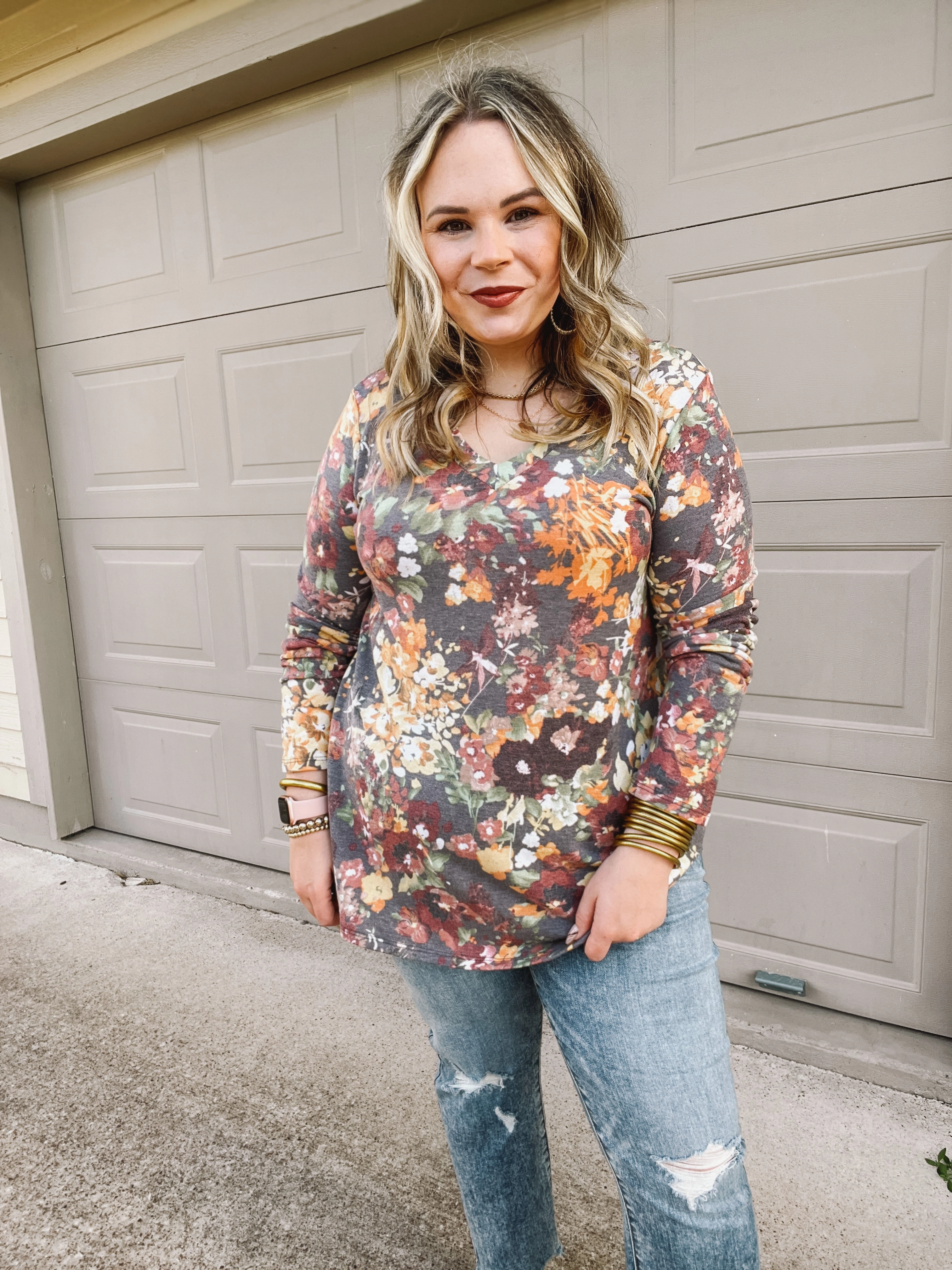 Last Chance Size Small | Keep Things Simple Long Sleeve Floral V Neck Pullover Top in Charcoal Grey Polish Core Feather Glow