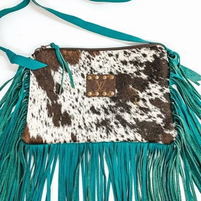 Keep It Gypsy | Cowhide Crossbody Purse with Genuine Leather Turquoise Fringe DoubleLayeredEdging Regal Glow