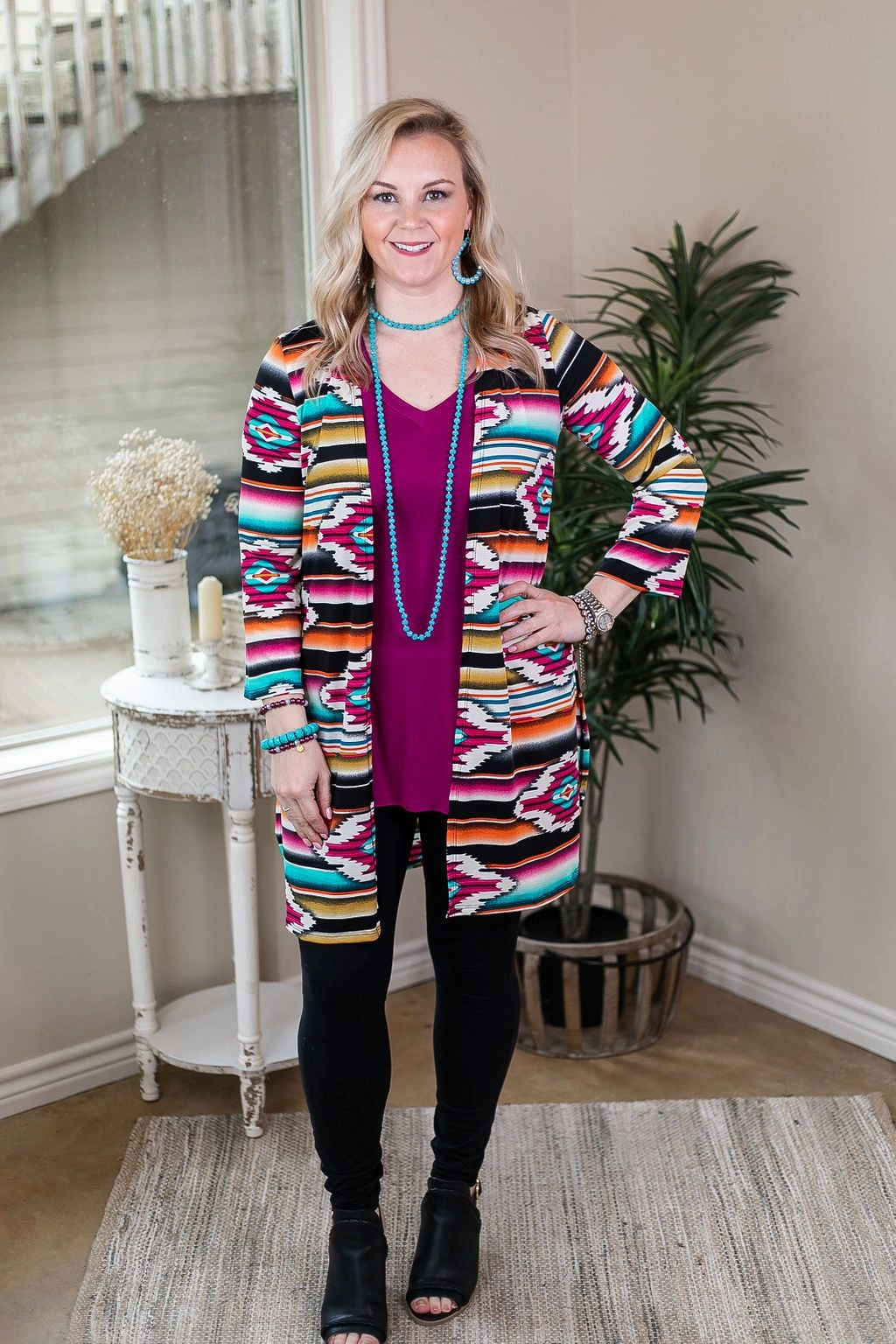 Last Chance Size Small | All Eyes On You Aztec Print Cardigan in Magenta and Gold Dense Fit Dad Core