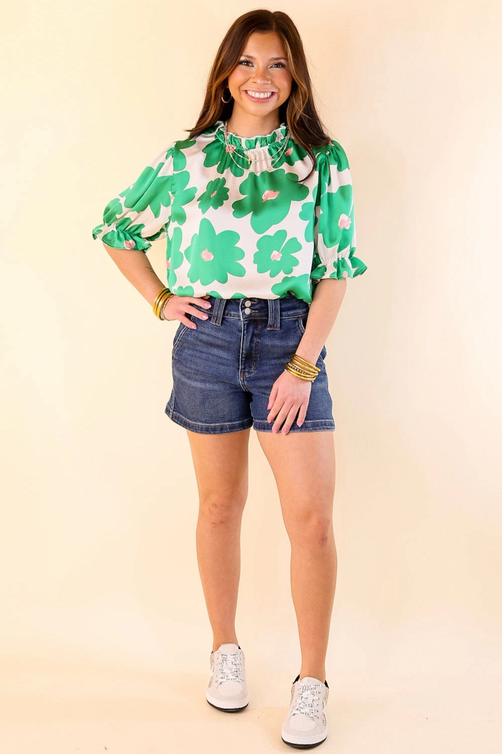 Divine Design Floral Blouse With Puffed Sleeve and Ruffle Neckline in Green Designer Touch