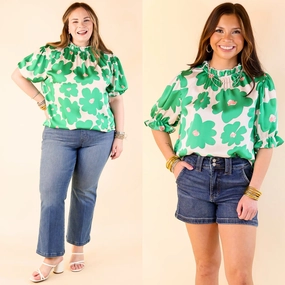 Divine Design Floral Blouse With Puffed Sleeve and Ruffle Neckline in Green Layering Piece