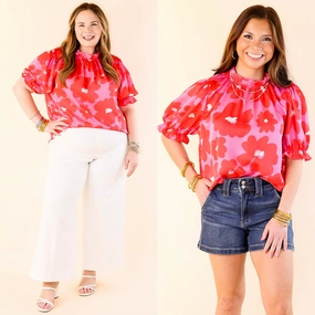 Divine Design Floral Blouse With Puffed Sleeve and Ruffle Neckline in Pink Urban Comfort