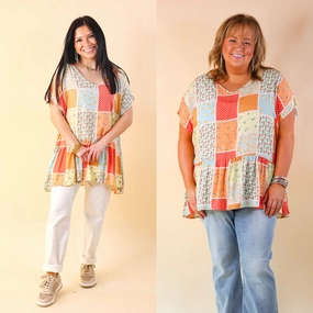 StretchWaistband Divine Downtime Mix Patch Print Peplum Top in Orange Mix