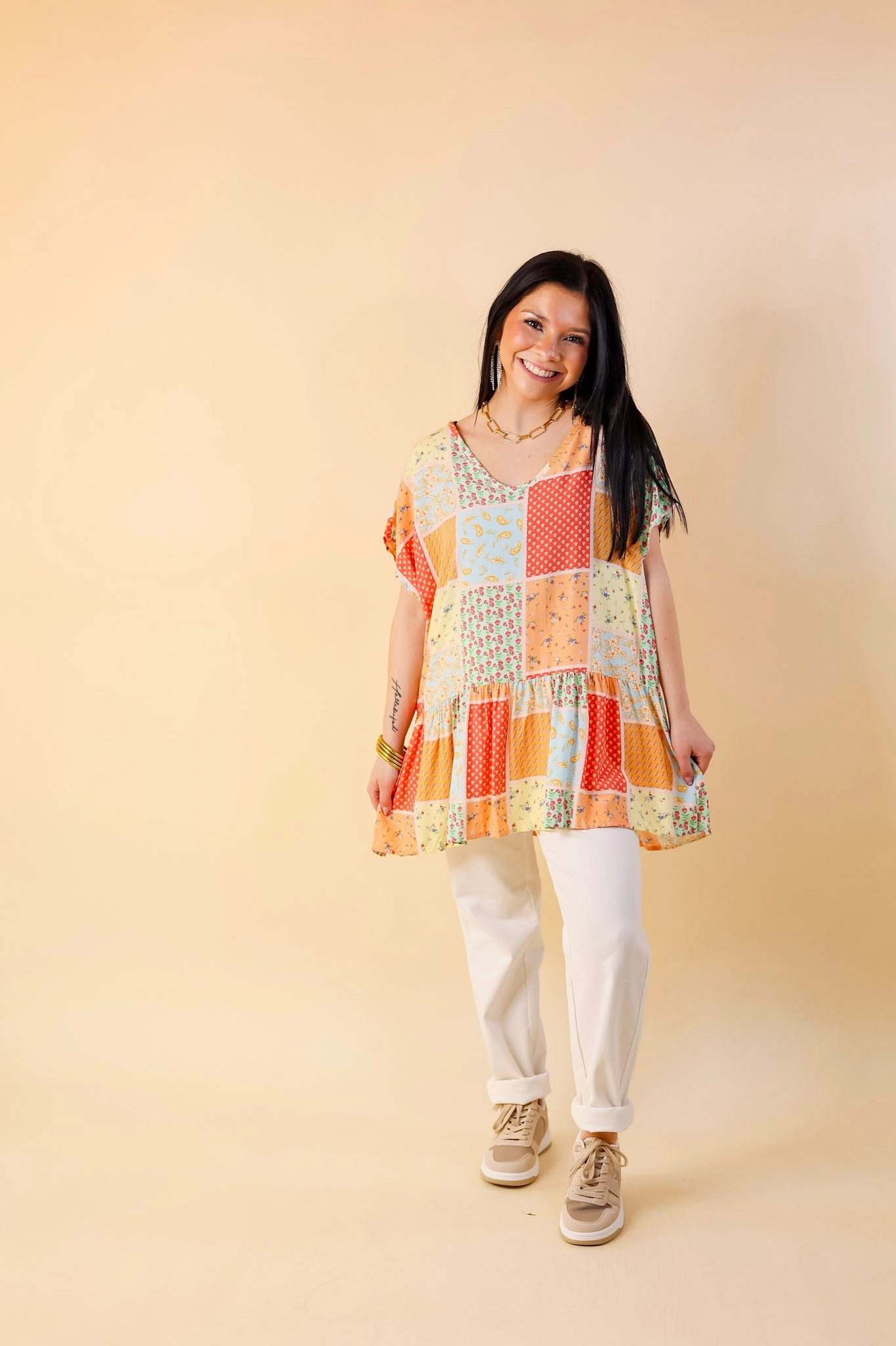 Tulle Soul Divine Downtime Mix Patch Print Peplum Top in Orange Mix