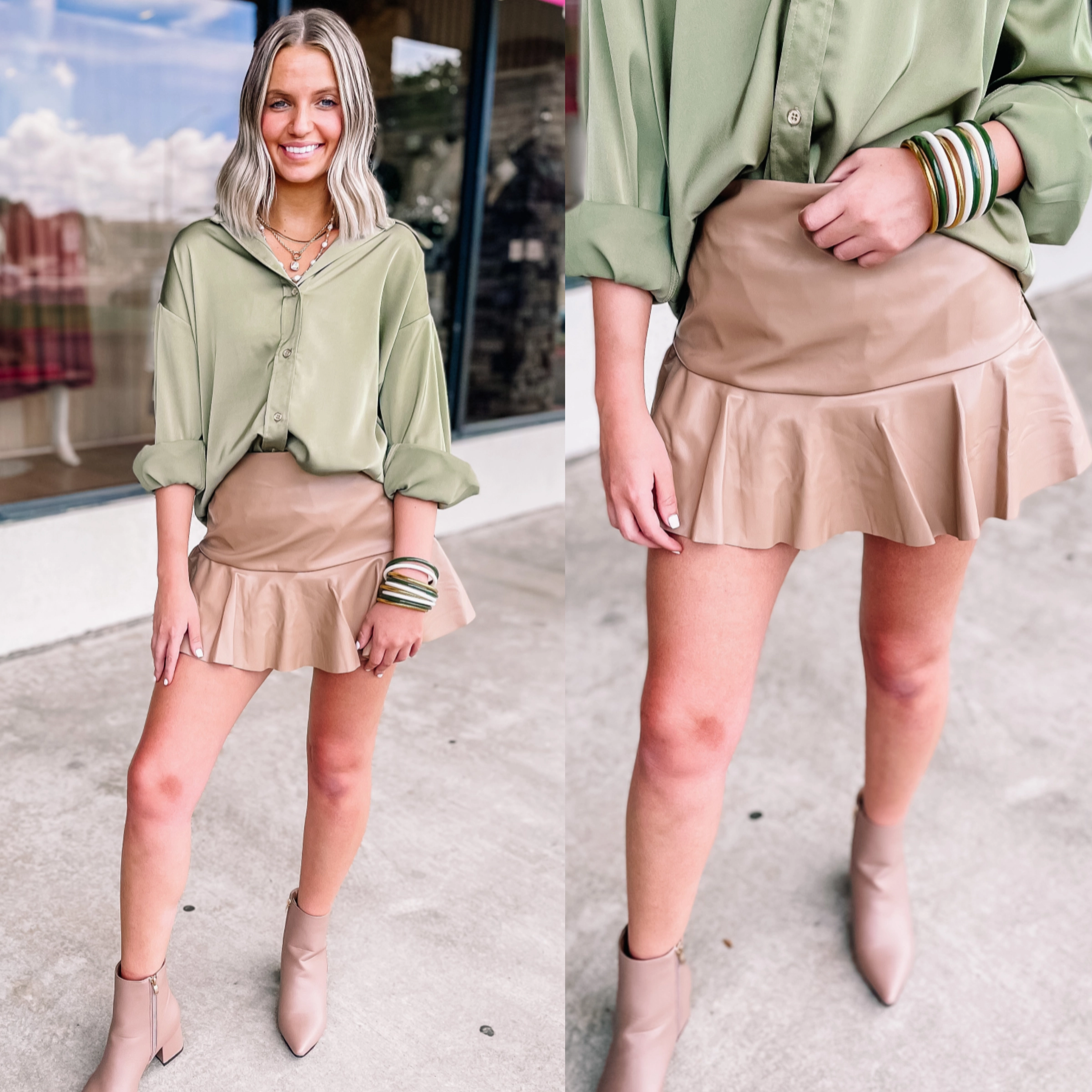 Work Friendly Comfort Layer Wear Dose of Dreamy Faux Leather Ruffle Mini Skort in Taupe
