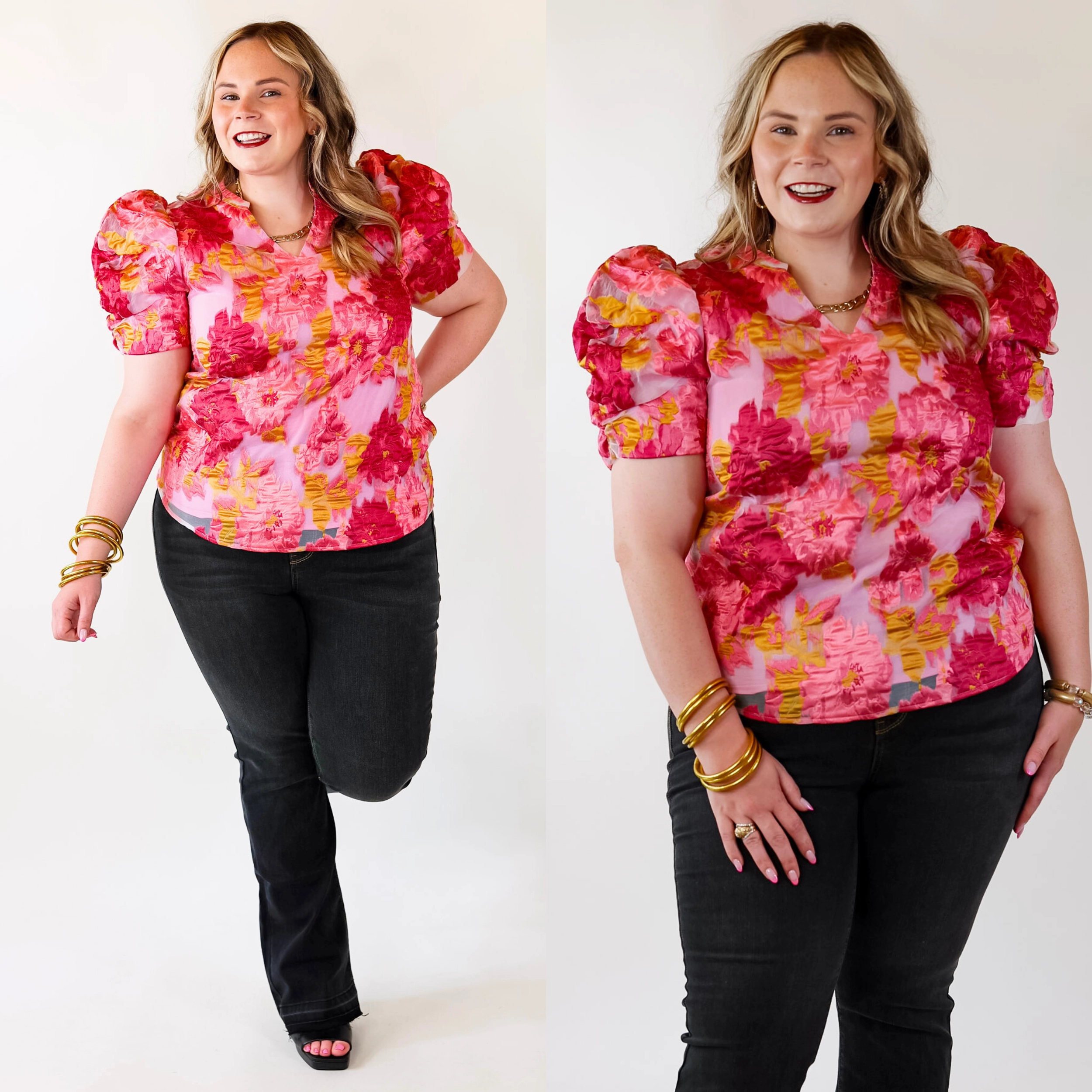 A Fine Feeling Floral Print Top with Puffed Sleeves in Pink Hidden Button Placket
