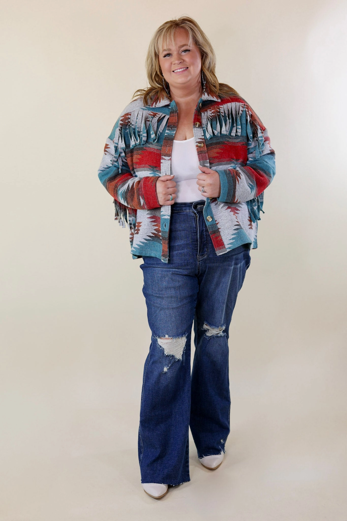 Take Over Aztec Print Button Up Jacket with Fringe in Grey MachineWashable Fabric