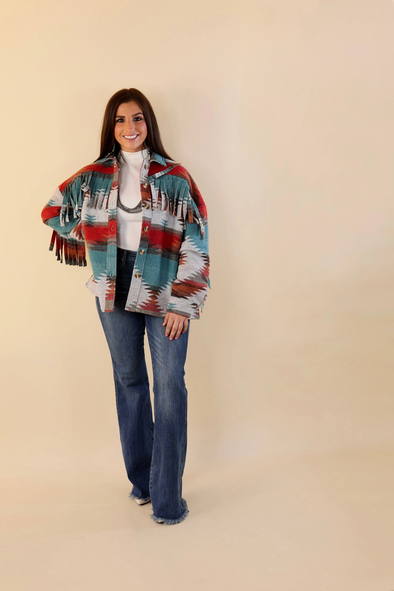 Take Over Aztec Print Button Up Jacket with Fringe in Grey Forest Air warm fleece