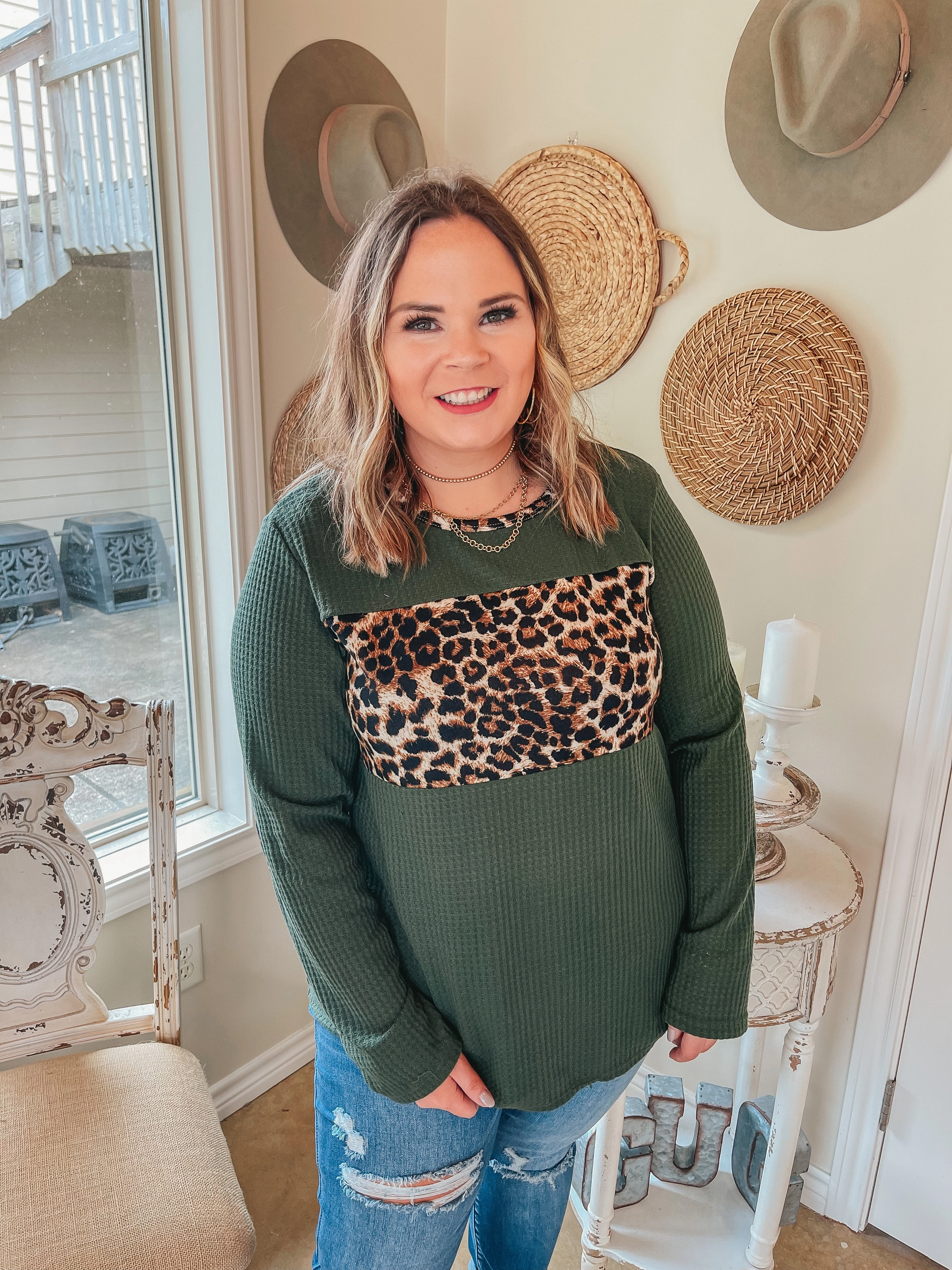 LayeredPanels Wildly Cozy Waffle Knit Top with Leopard Bust and Elbow Patches in Olive Green