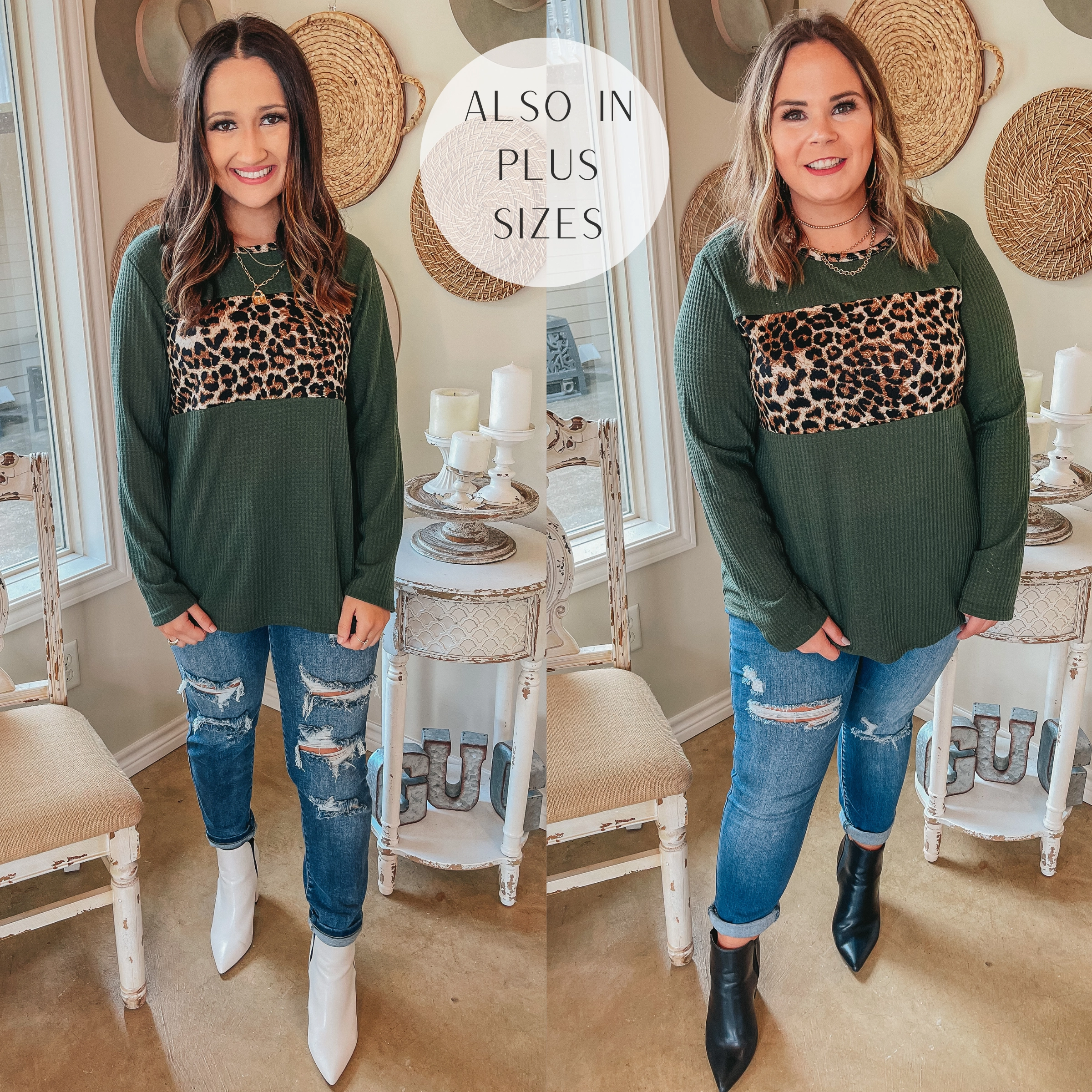FlexibleWaistband Wildly Cozy Waffle Knit Top with Leopard Bust and Elbow Patches in Olive Green