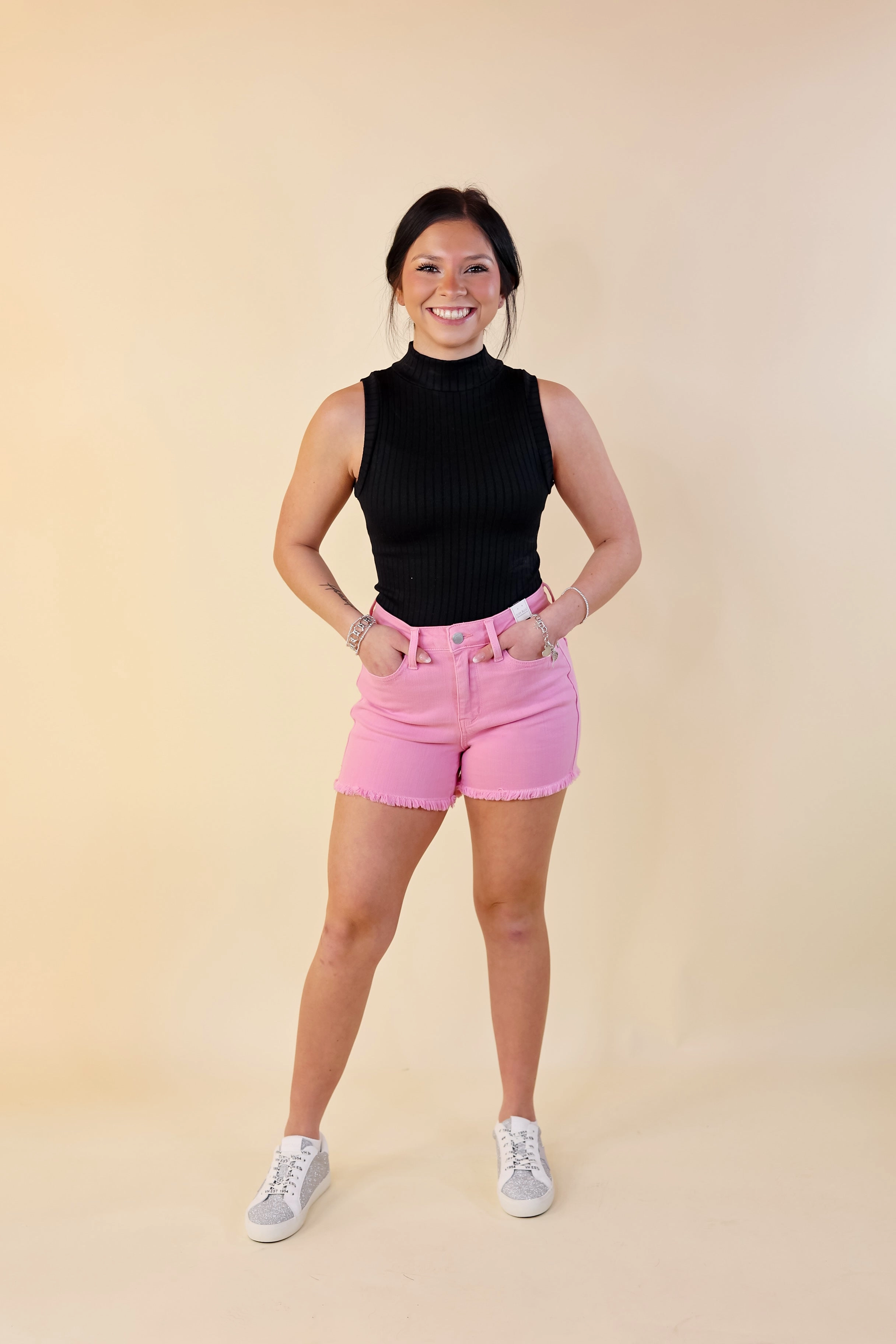 Judy Blue | Sunlight Spectrum Garment Dyed Fray Hem Shorts in Light Pink Wash Street Fest