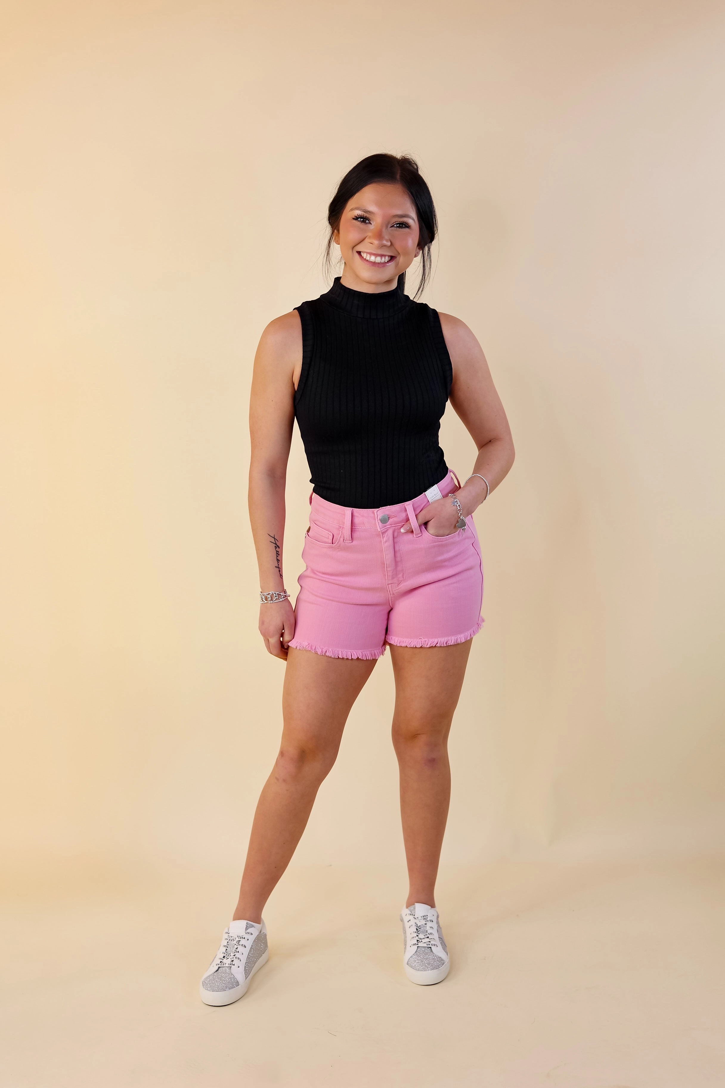 Judy Blue | Sunlight Spectrum Garment Dyed Fray Hem Shorts in Light Pink Wash Comfortable Design FlatlockStitching