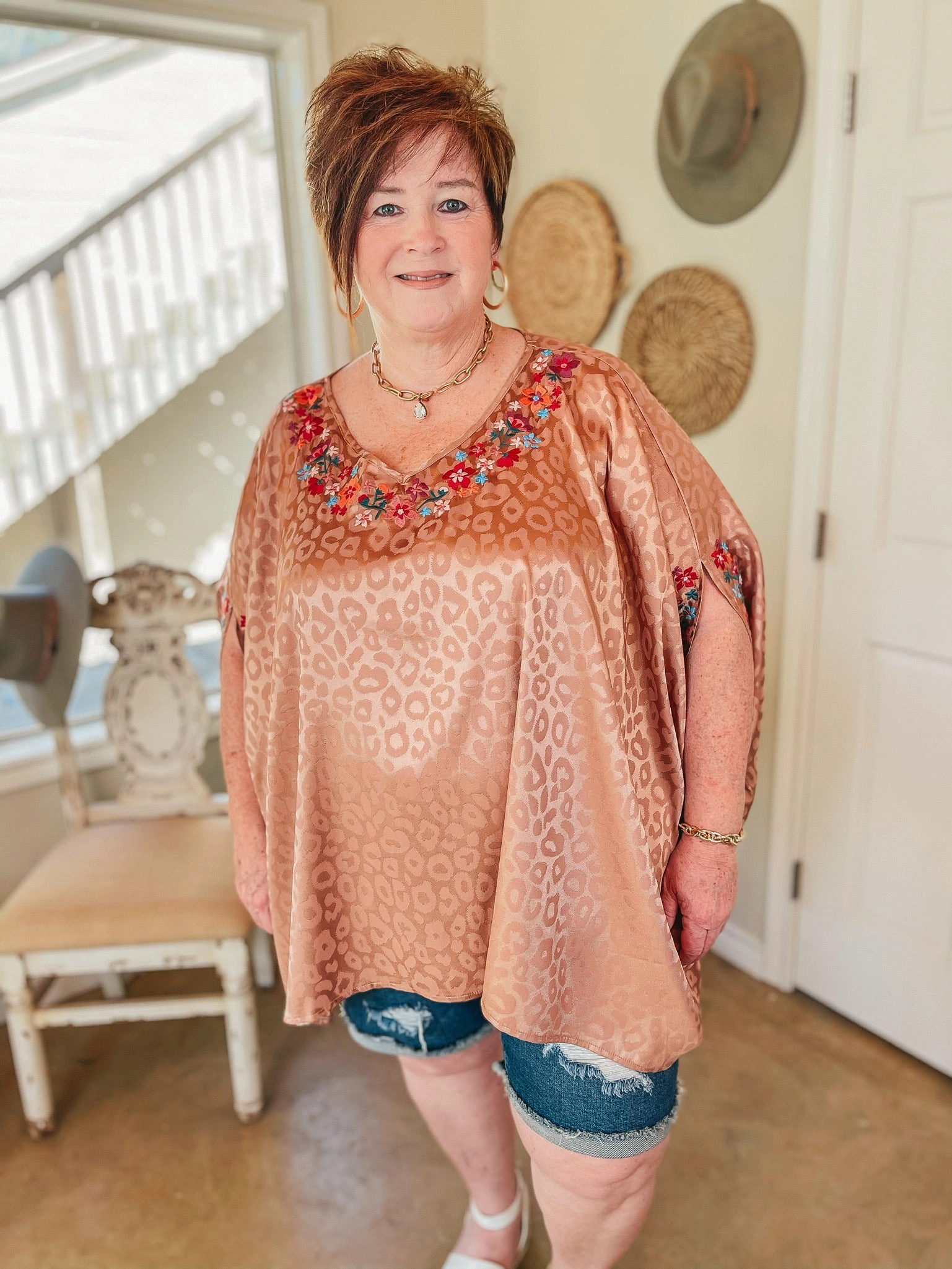 Destination Dreaming Metallic Leopard Poncho Top with Multicolor Embroidered Trim in Copper Cool Weather Smooth Zipper Integration