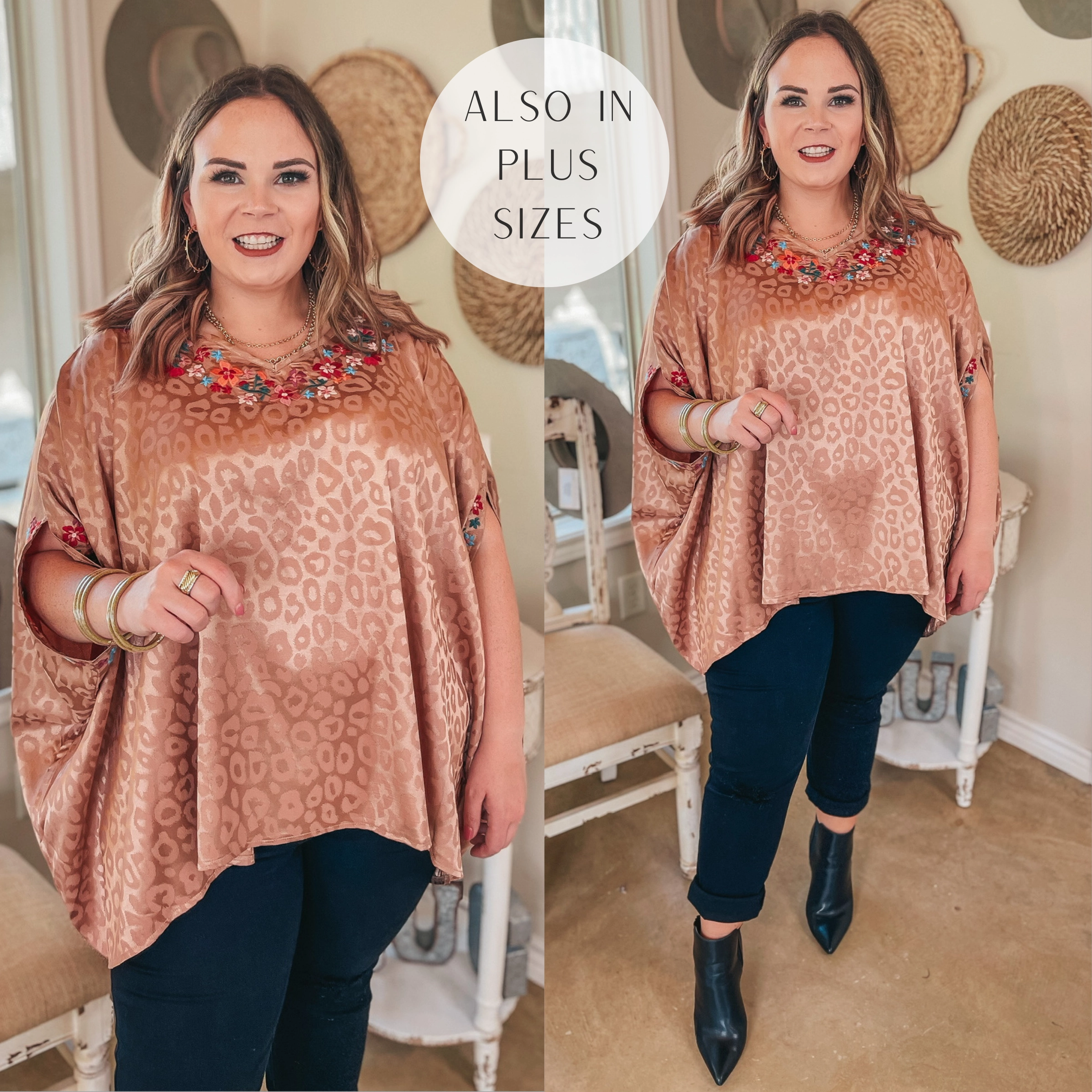 Durable Fiber Blend Wide Shoulder Cut Destination Dreaming Metallic Leopard Poncho Top with Multicolor Embroidered Trim in Copper