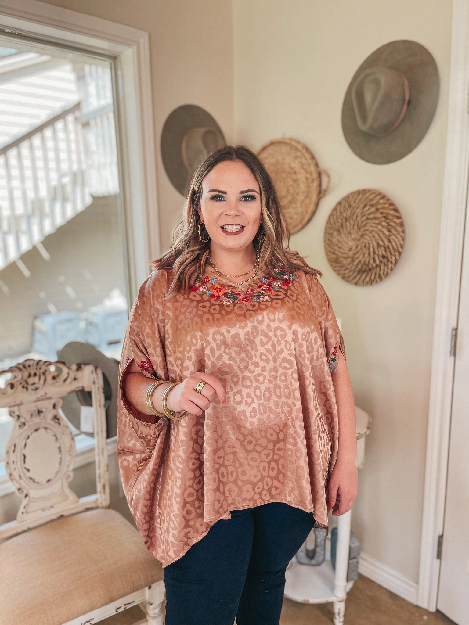 Destination Dreaming Metallic Leopard Poncho Top with Multicolor Embroidered Trim in Copper FlatlockStitching All Purpose Casual Cut