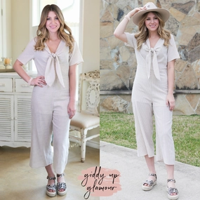Last Chance Size Small & Med. | Hint At Perfection Striped Jumpsuit with Tie Feature in Khaki Taupe Story Mood casual top