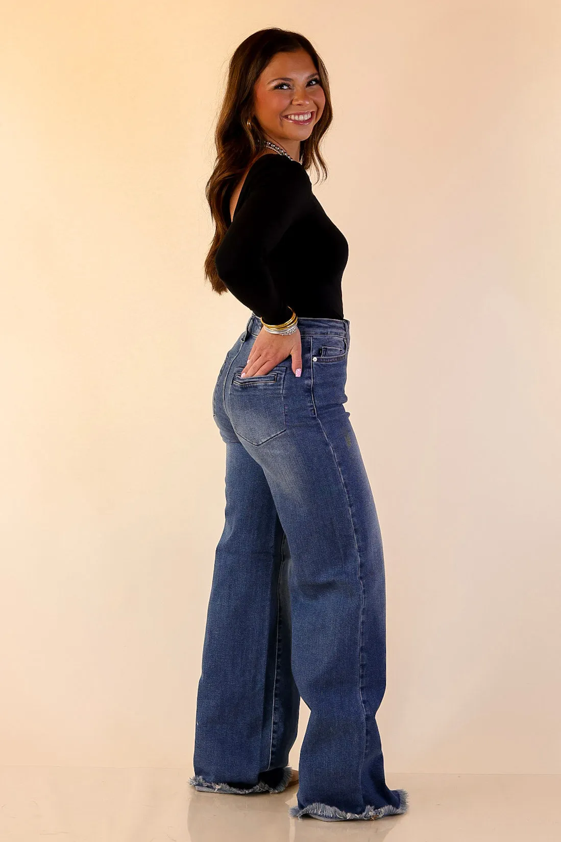 Judy Blue | Sharp Statement Straight Wide Leg Button Fly Jeans with Raw Hem in Dark Wash Breath Skin Flexible Apparel