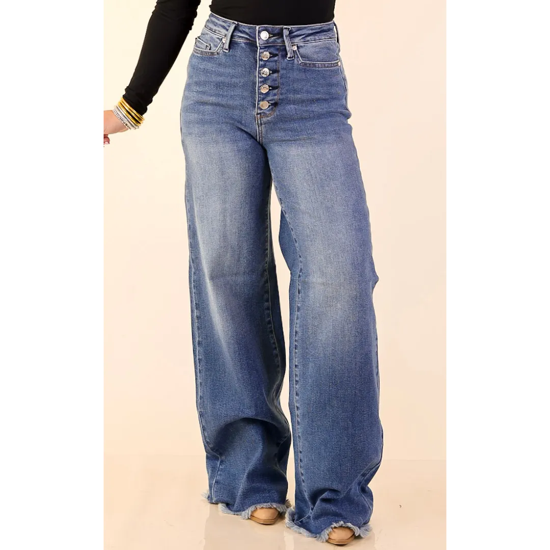 Judy Blue | Sharp Statement Straight Wide Leg Button Fly Jeans with Raw Hem in Dark Wash Stylish Jumper