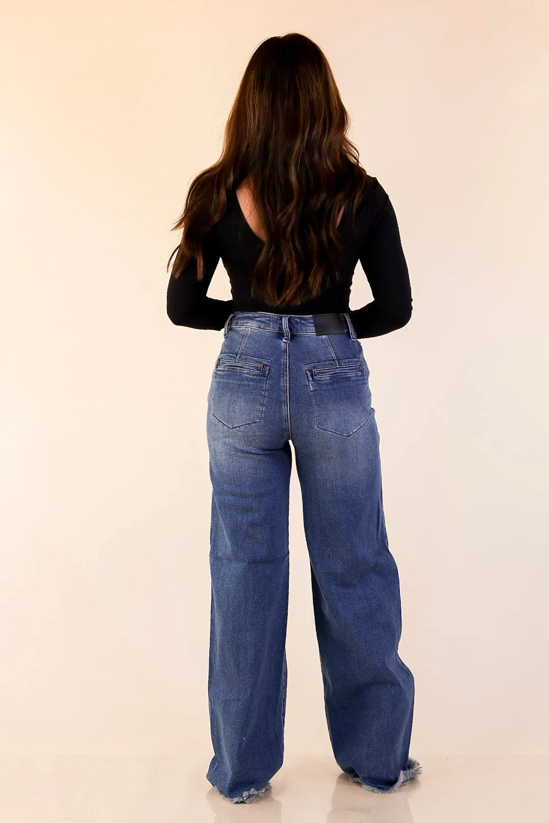 Judy Blue | Sharp Statement Straight Wide Leg Button Fly Jeans with Raw Hem in Dark Wash Work-Ready Cozy Knit