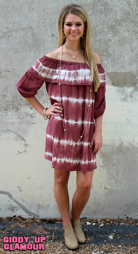 Relaxation Wear Last Chance Size Small | Hometown Honey Tie Dye Off Shoulder Dress in Maroon