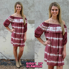 Last Chance Size Small | Hometown Honey Tie Dye Off Shoulder Dress in Maroon Wild Mood