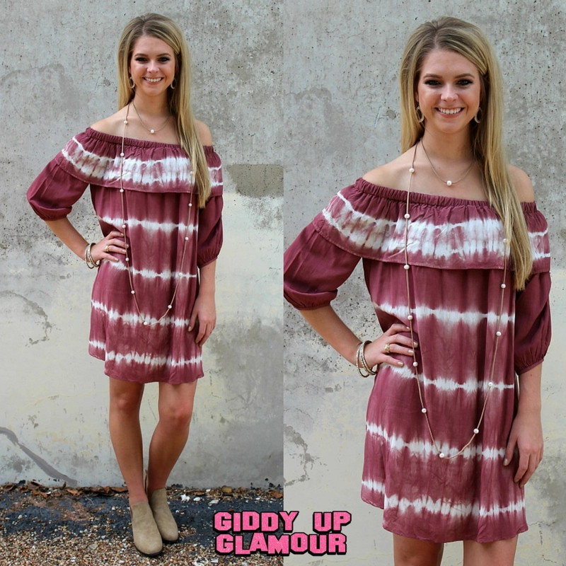 Last Chance Size Small | Hometown Honey Tie Dye Off Shoulder Dress in Maroon Wild Mood