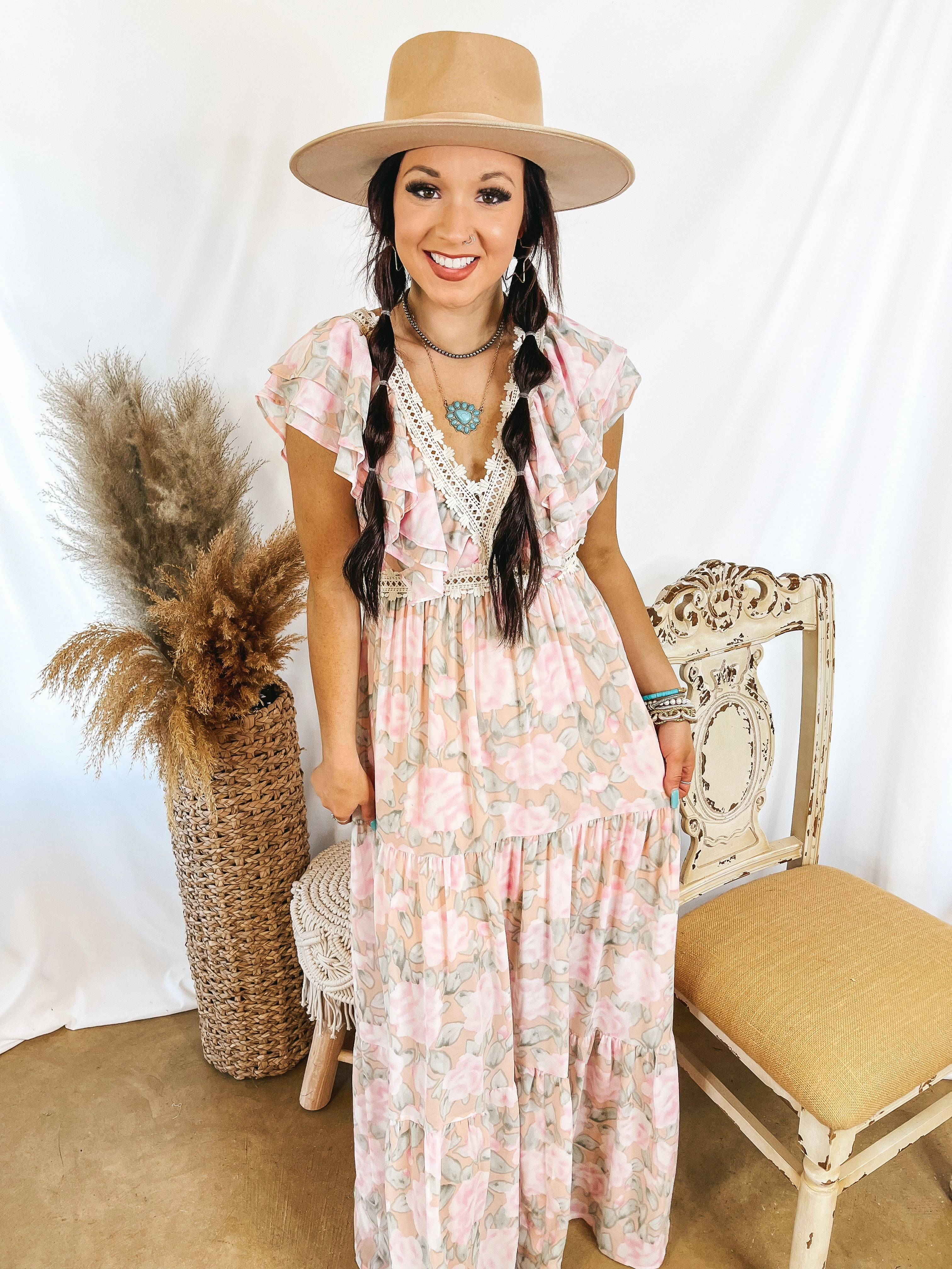 Last Chance Size Small and Medium | Sunlight Hours Watercolor Floral Maxi Dress with Crochet Detailing in Peach Pink HypoallergenicYarn