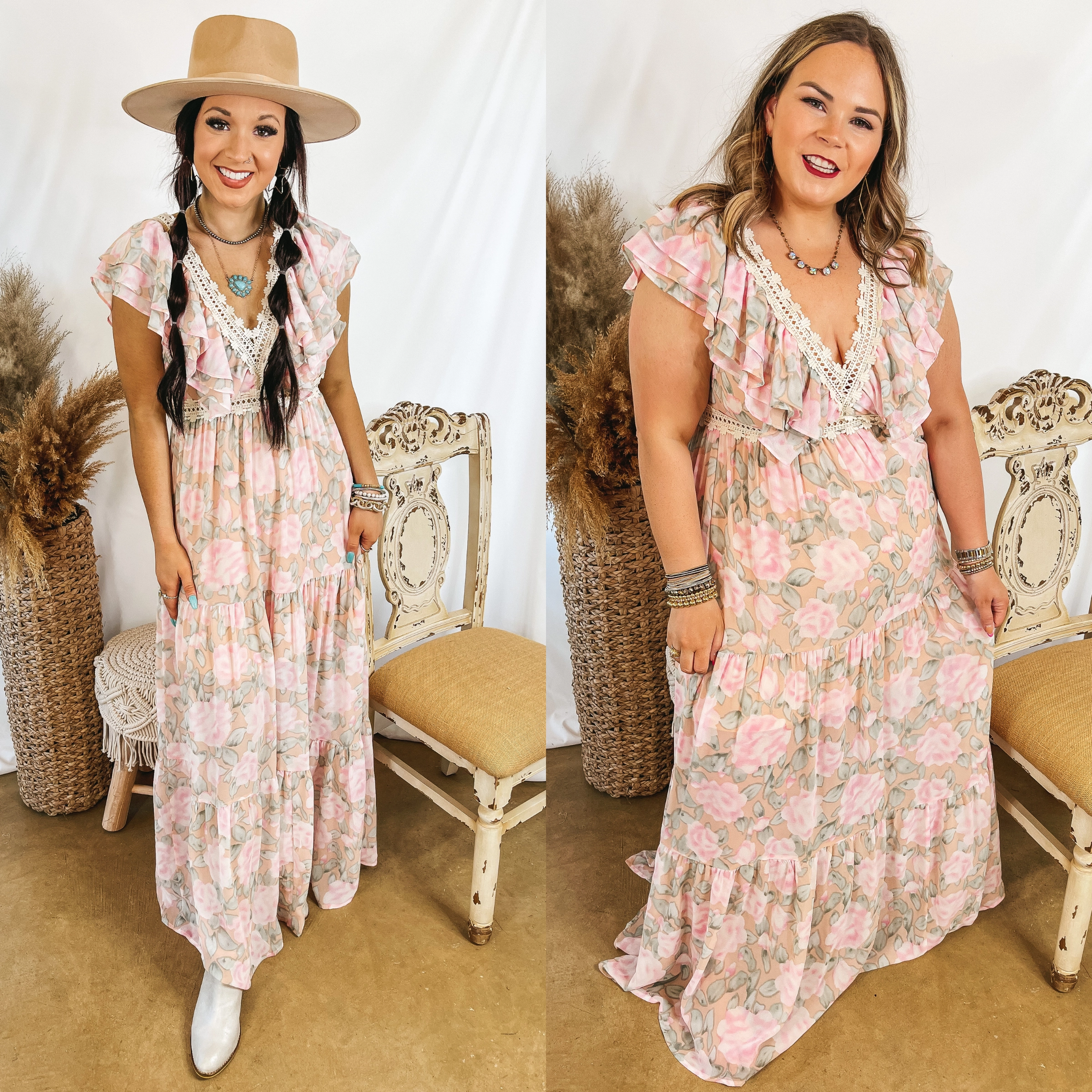 Last Chance Size Small and Medium | Sunlight Hours Watercolor Floral Maxi Dress with Crochet Detailing in Peach Pink Lightweight Material AntiStaticLining