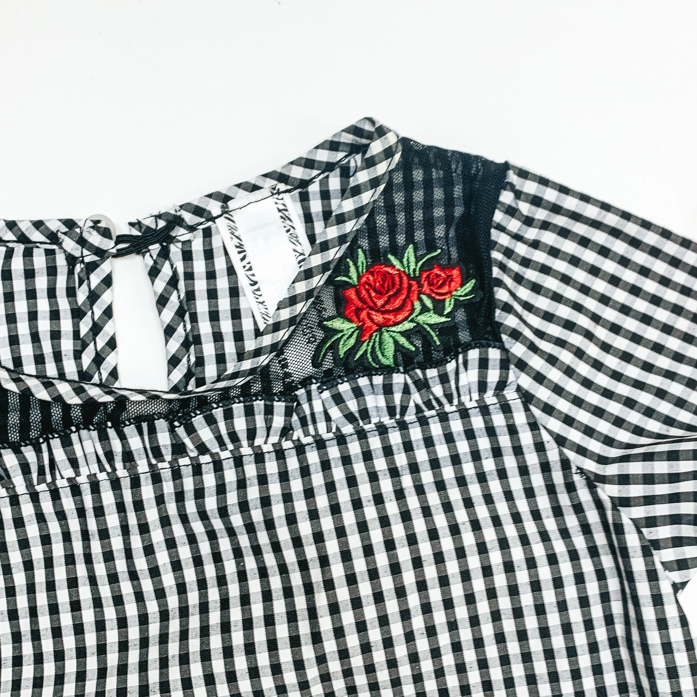 Little Kid's Black and White Blouse with Rose Detailing StretchableMaterial elastic waistband