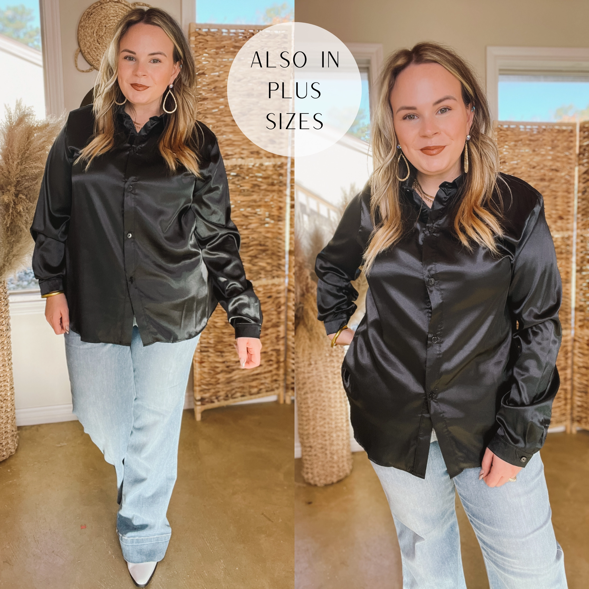 Down To Disco Satin Long Sleeve Button Up Top in Black Evening Glow