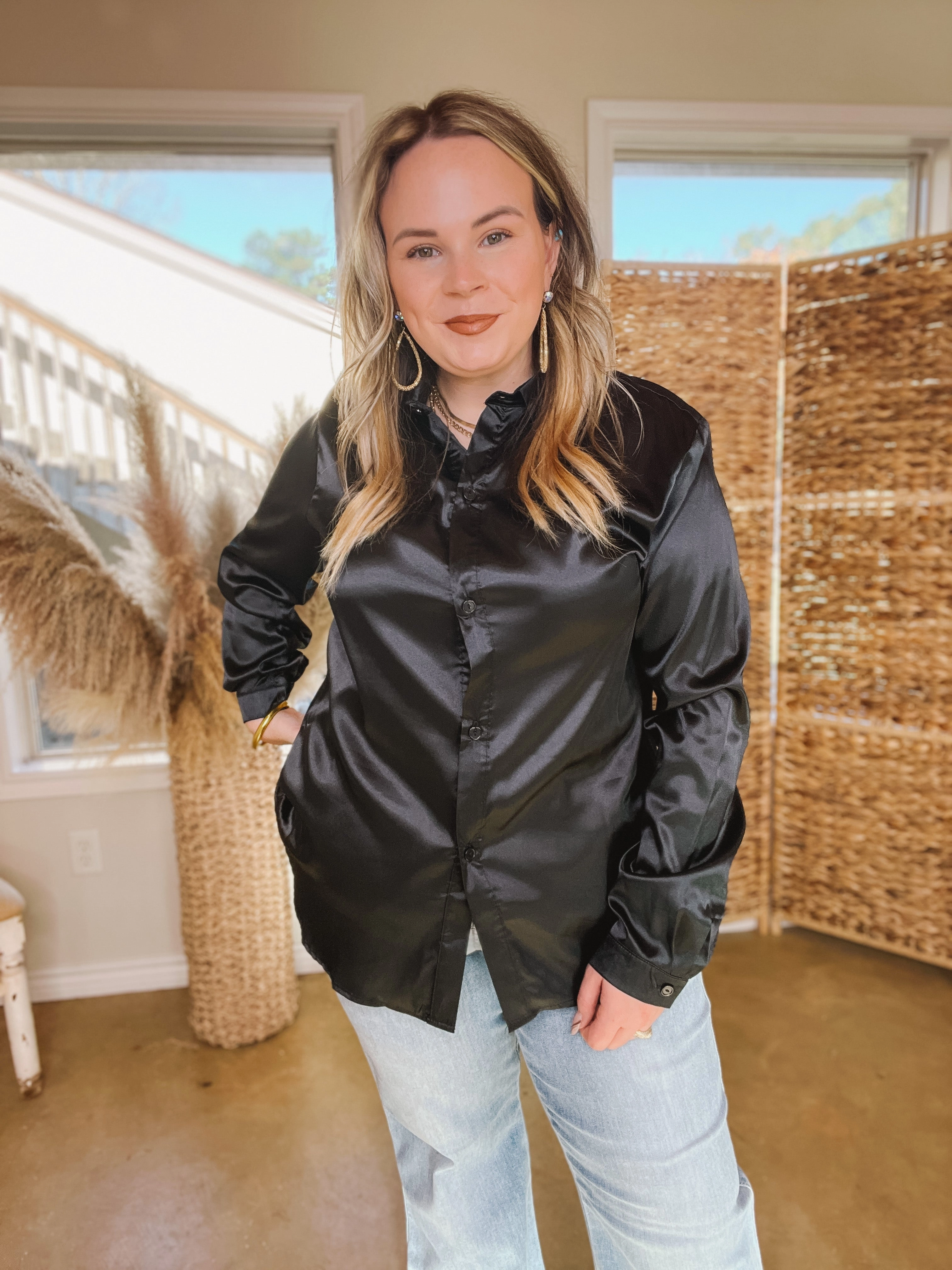 Down To Disco Satin Long Sleeve Button Up Top in Black NoSlipTrims