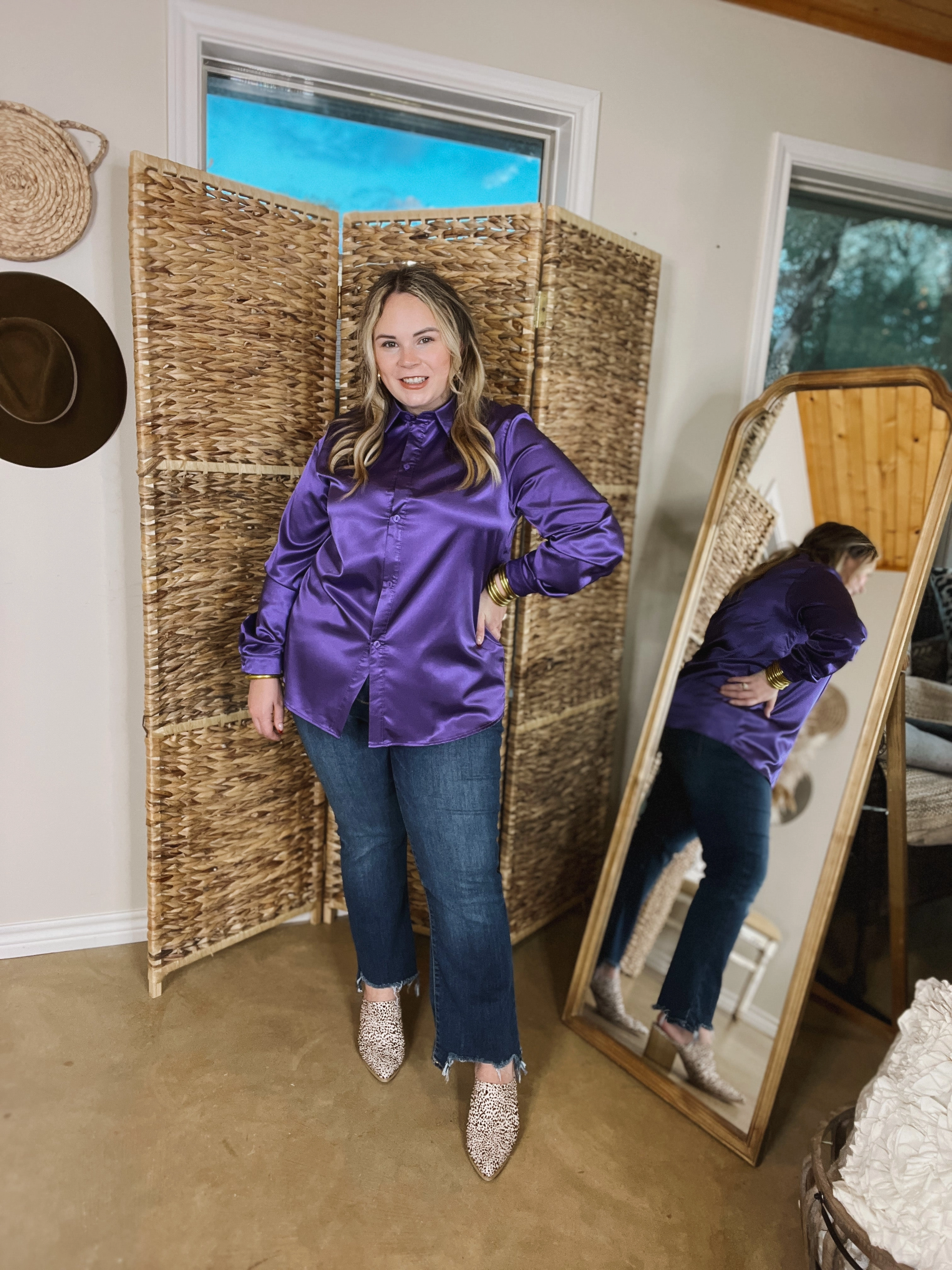 Down To Disco Satin Long Sleeve Button Up Top in Purple Casual Vibe TearResistant Material