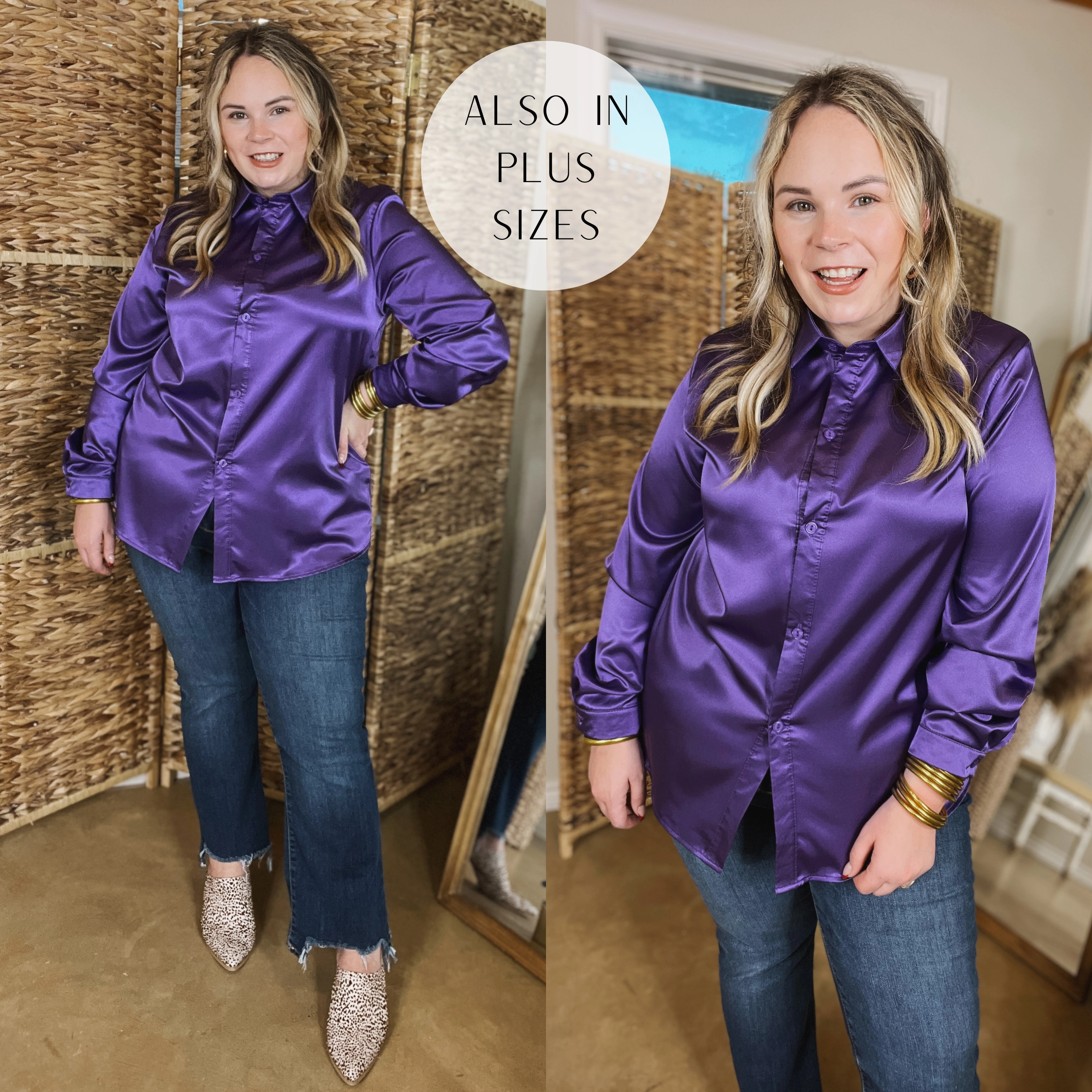 Down To Disco Satin Long Sleeve Button Up Top in Purple Rain Proof