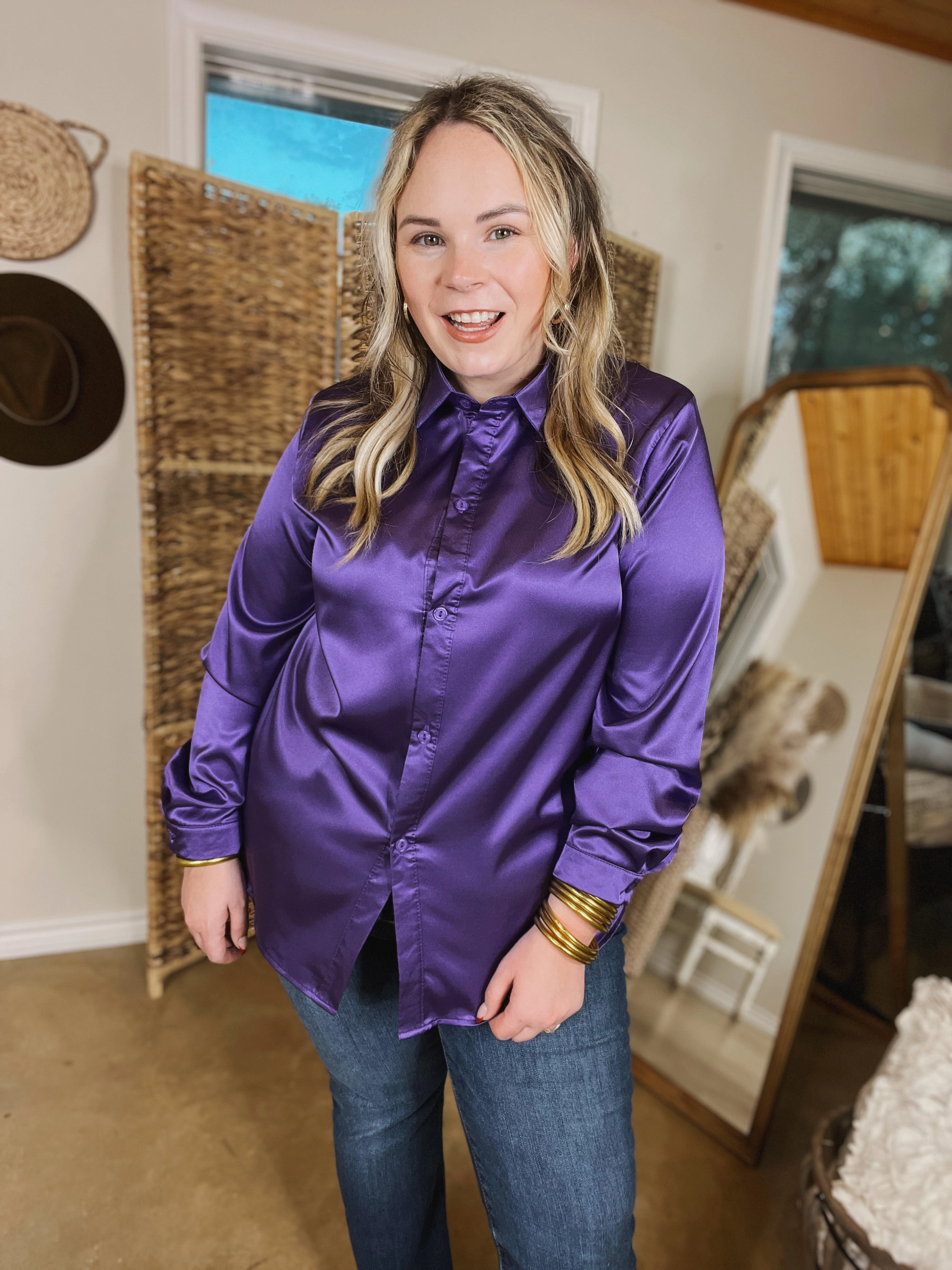 VentilatedMesh Down To Disco Satin Long Sleeve Button Up Top in Purple