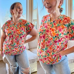 Downtown Darling Floral Print Short Sleeve Tunic Top in Pink Mix Year-Round Favorite