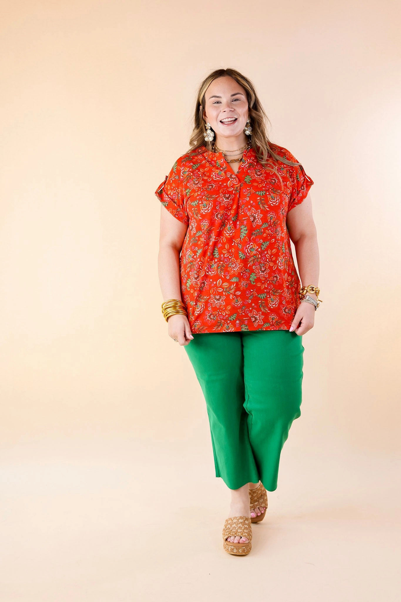 Cool Nylon Downtown Darling Floral Print Short Sleeve Tunic Top in Red Mix