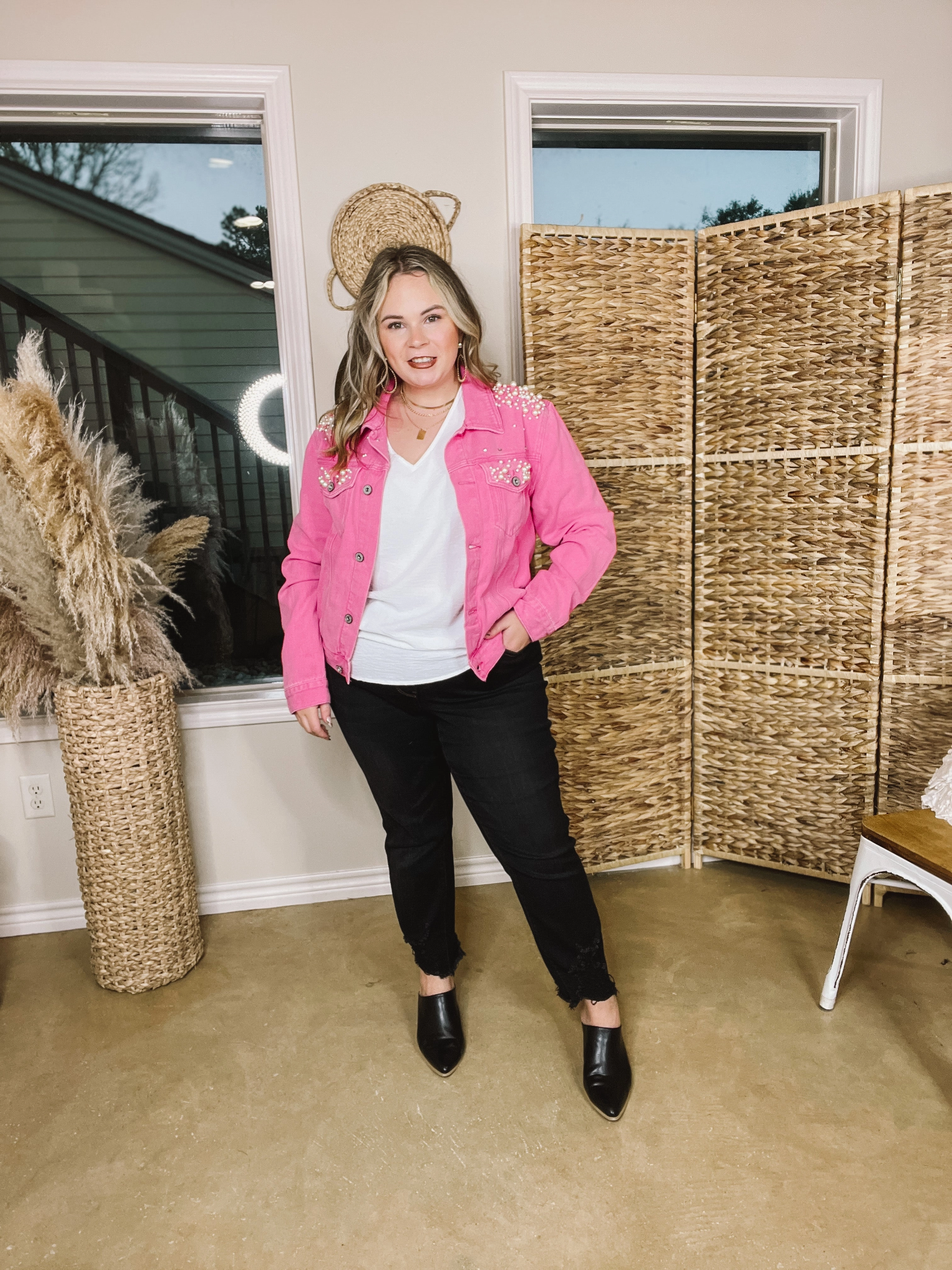 Car Cool Green Soul Dreams And Desires Button Up Denim Jacket with Pearls and Crystals and Hot Pink