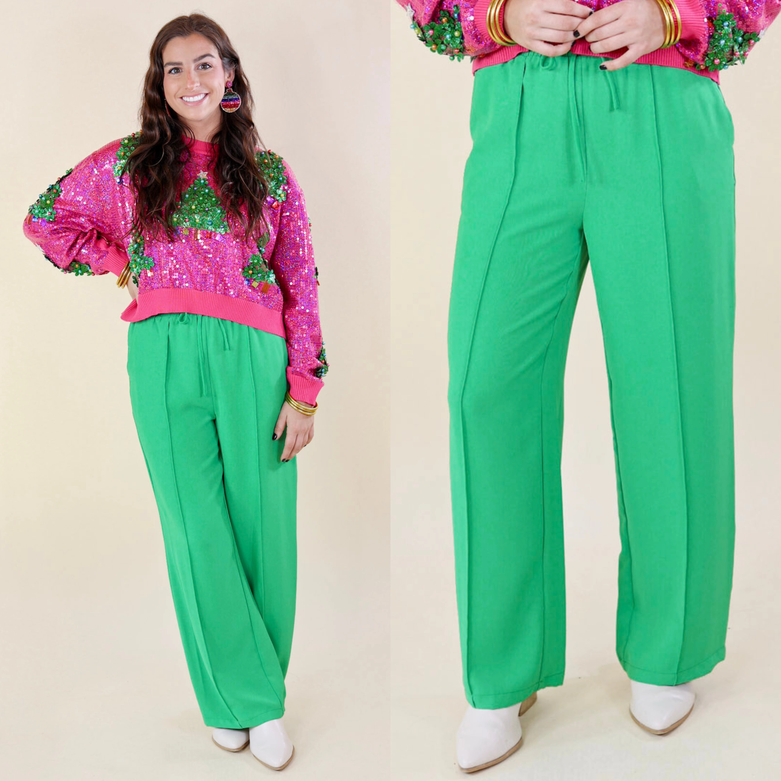 Bossy Business Drawstring Trouser Pants with Pockets in Green Core Flex LowProfileTopstitching
