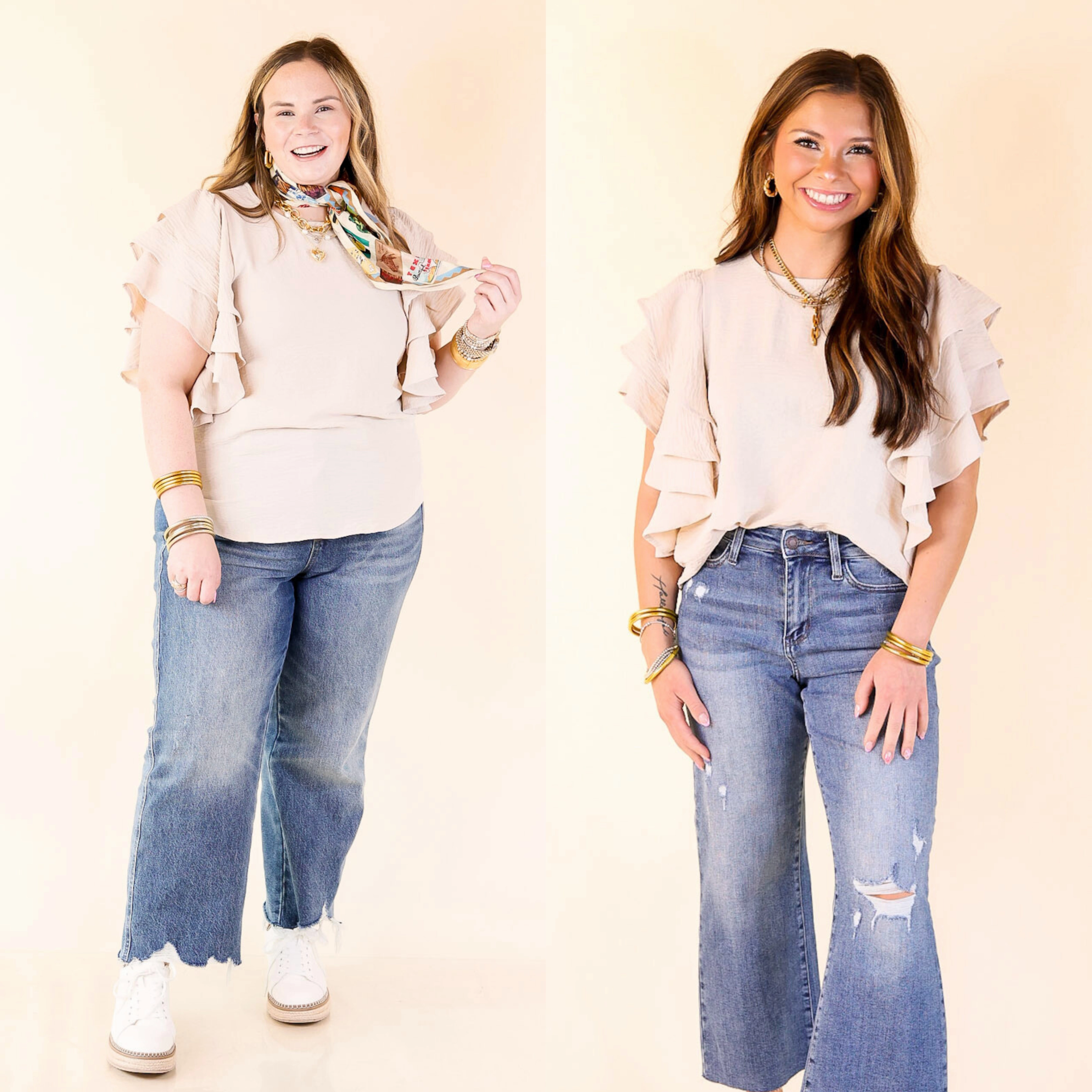 Surf Mood Turning Heads Multi-Tiered Ruffle Cap Sleeve Top in Beige