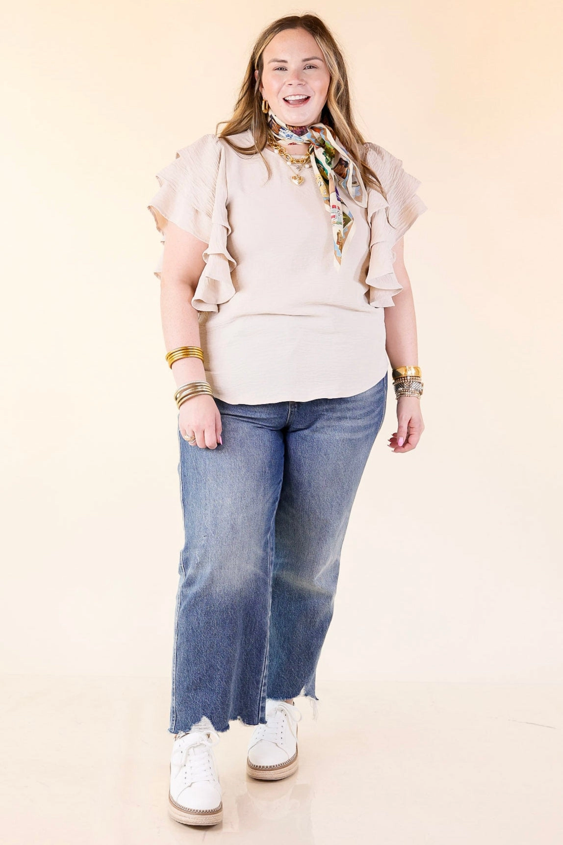 Turning Heads Multi-Tiered Ruffle Cap Sleeve Top in Beige All-Season Wear Ruffle Edge