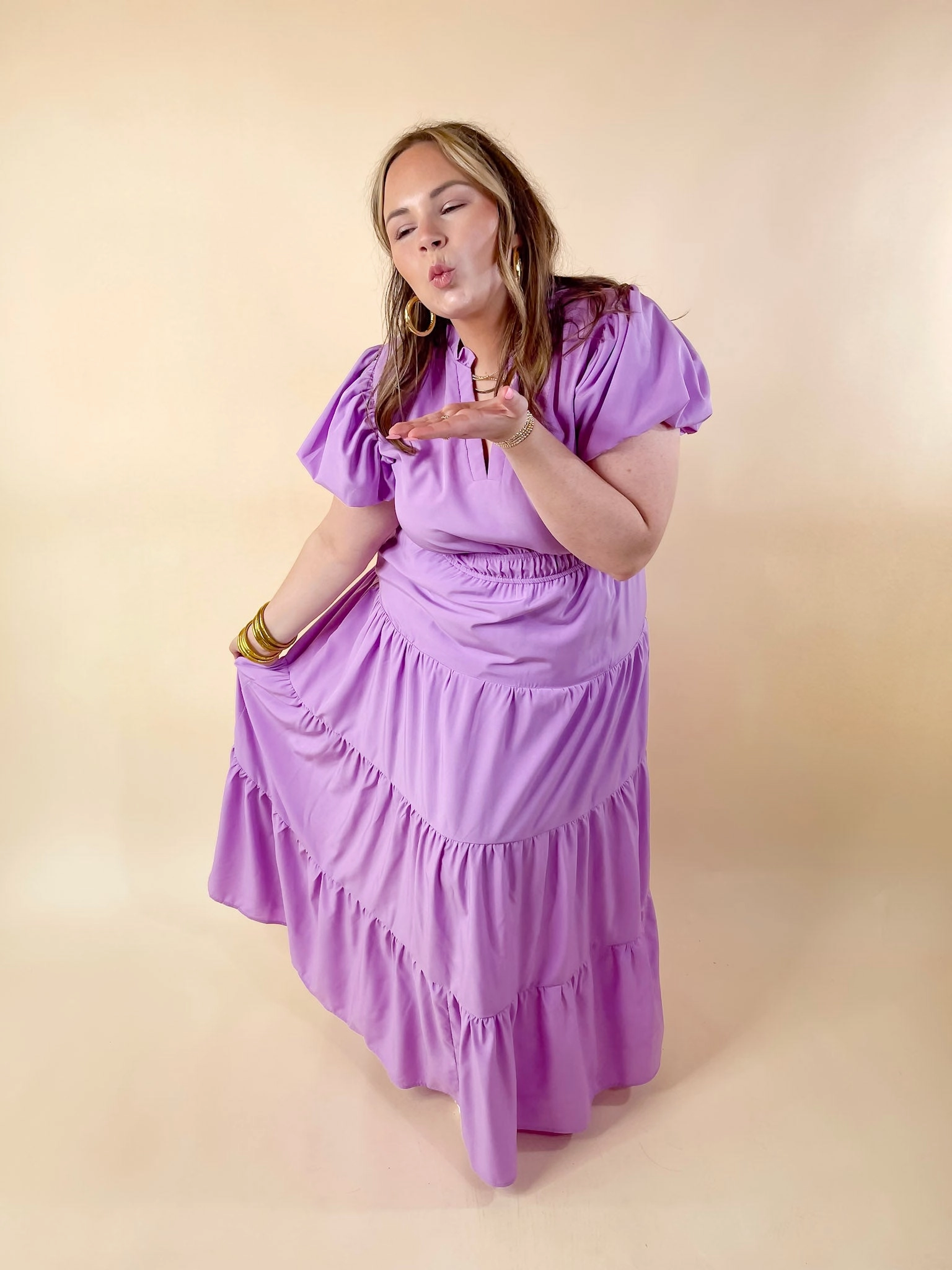 Quiet Charm Table for Two Tiered Maxi Dress with Puff Sleeves in Lavender Purple