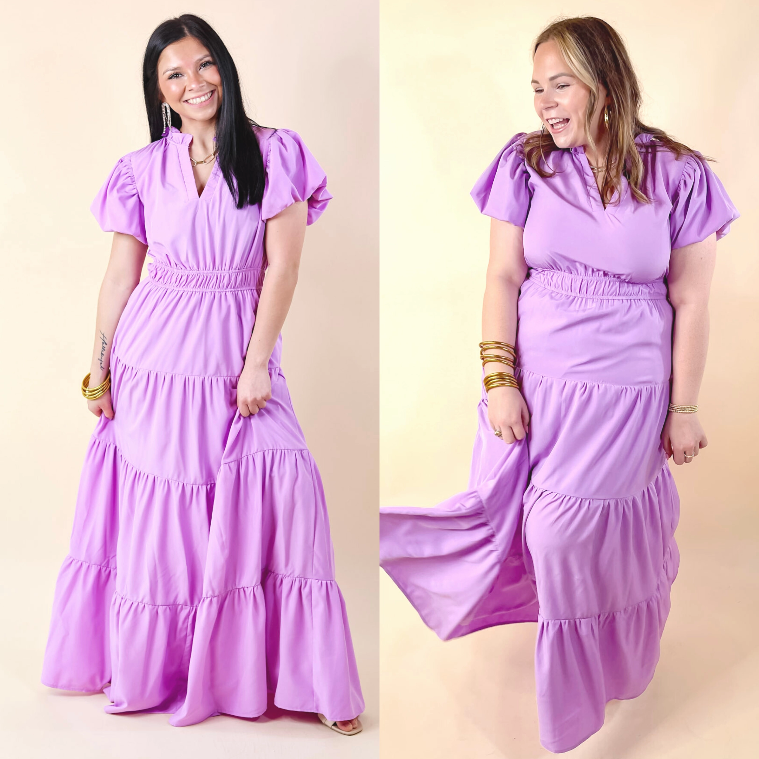 Table for Two Tiered Maxi Dress with Puff Sleeves in Lavender Purple SmoothEdging MoistureWicking Technology