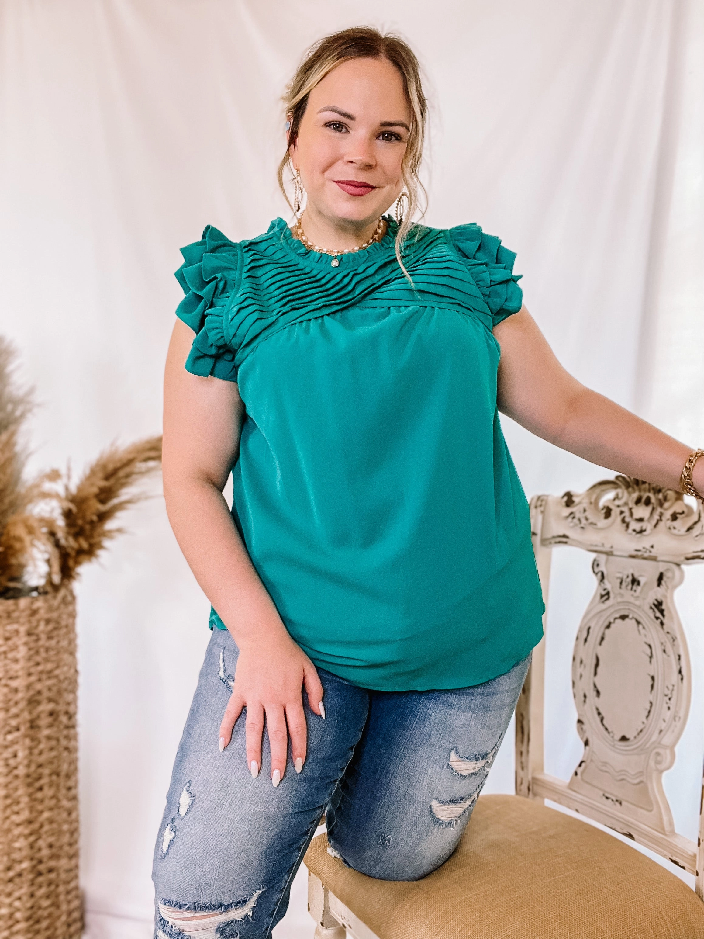 Last Chance Size XL | Expect The Best Pleated Upper Blouse with Ruffle Cap Sleeves in Teal Green Clear Glow