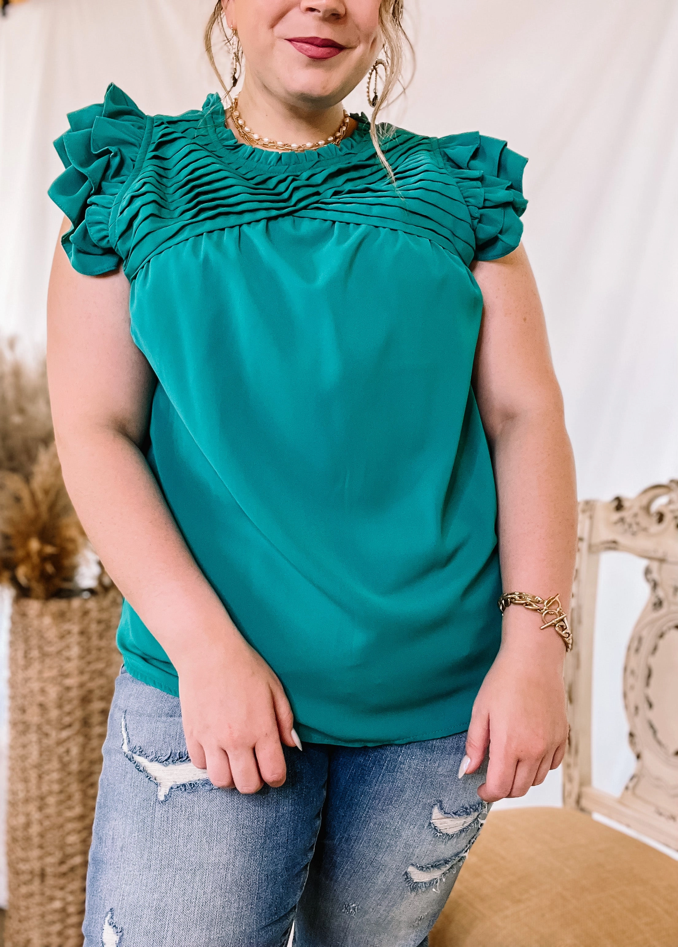 Last Chance Size XL | Expect The Best Pleated Upper Blouse with Ruffle Cap Sleeves in Teal Green DoubleStitchReinforcement Road Look
