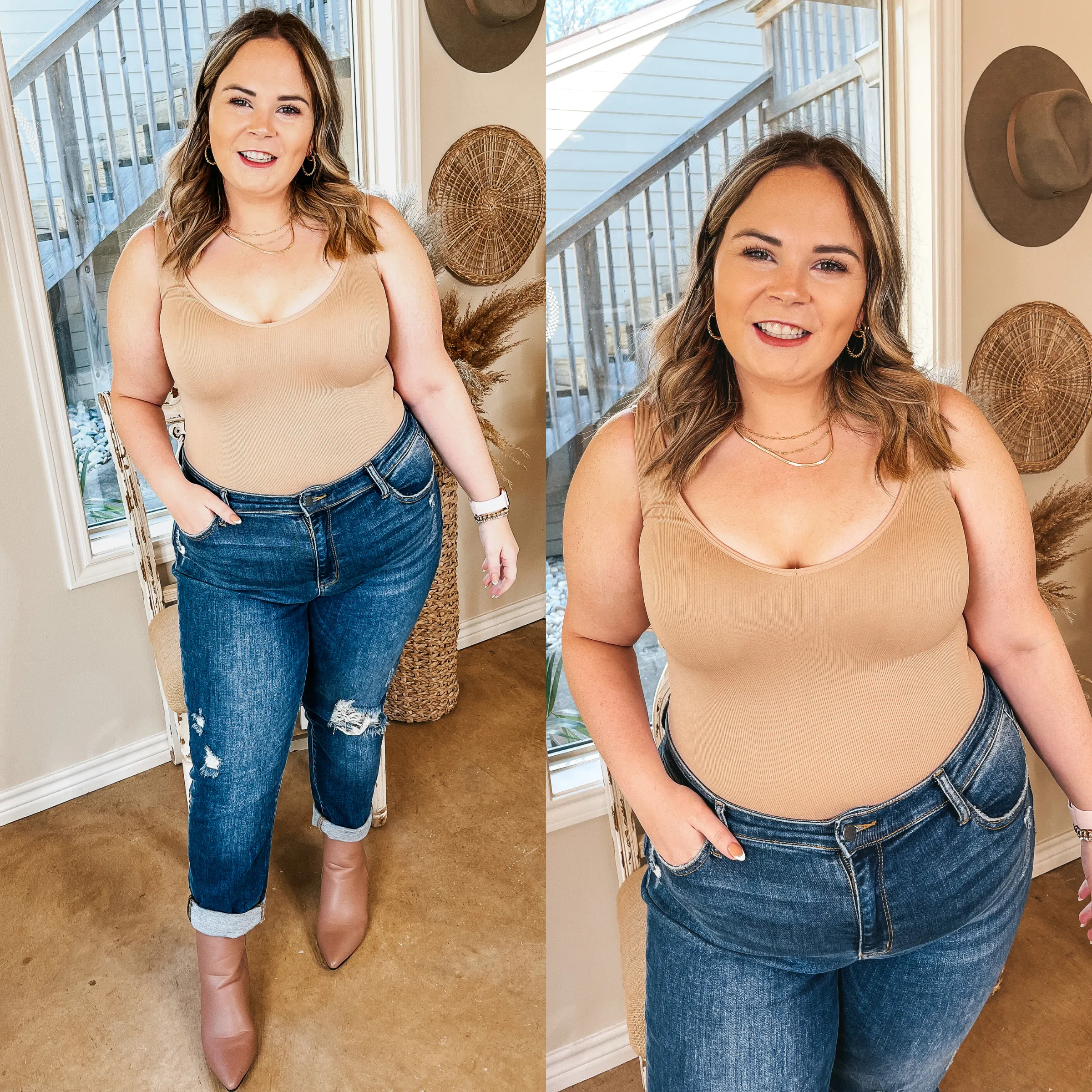 Extra Chic V Neck Ribbed Tank Top Bodysuit in Nude Sun Protection Fabric Cozy Cardigan