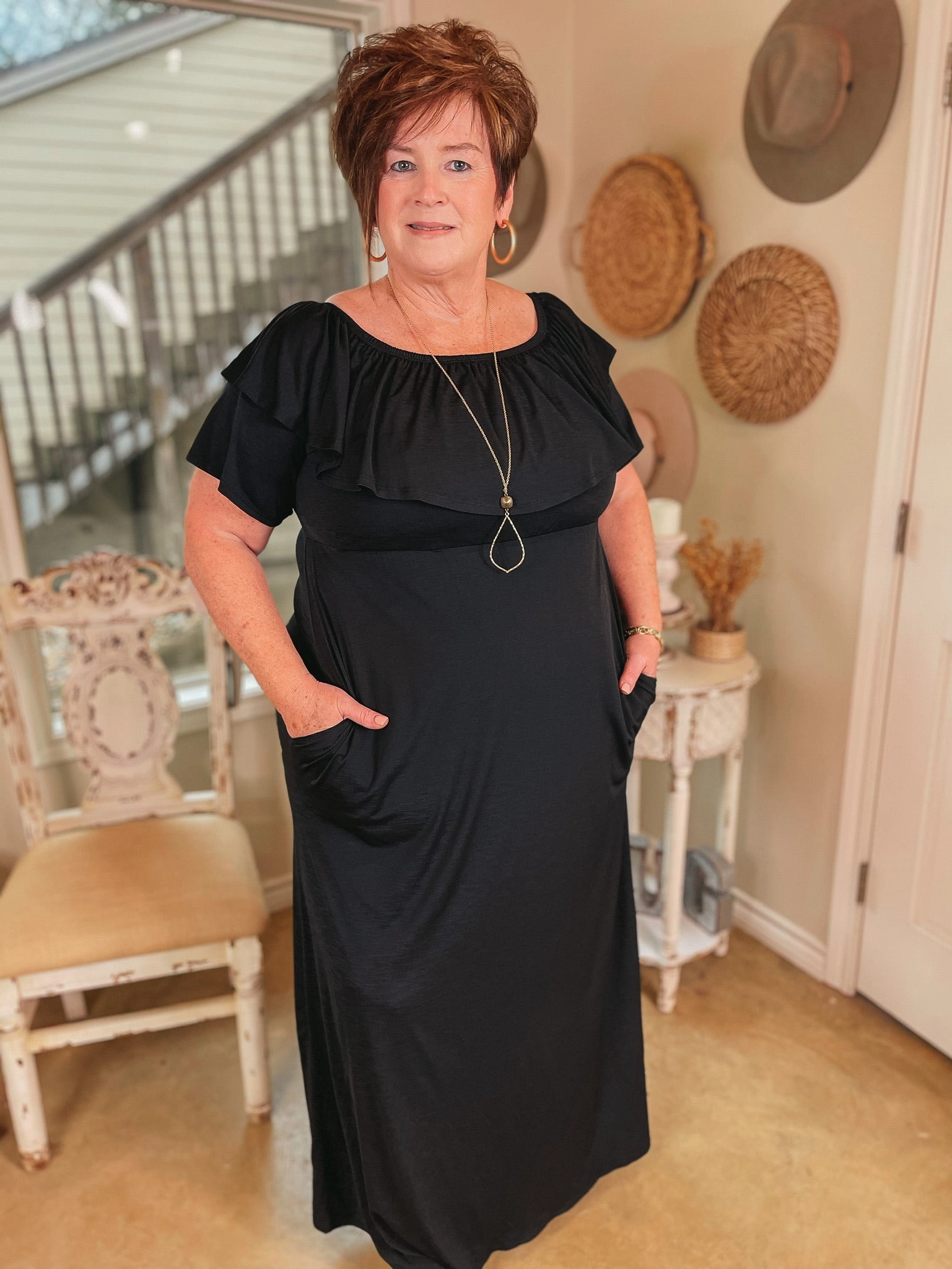 For Forever Bulgari Ruffled Maxi Dress in Black Trendy Top