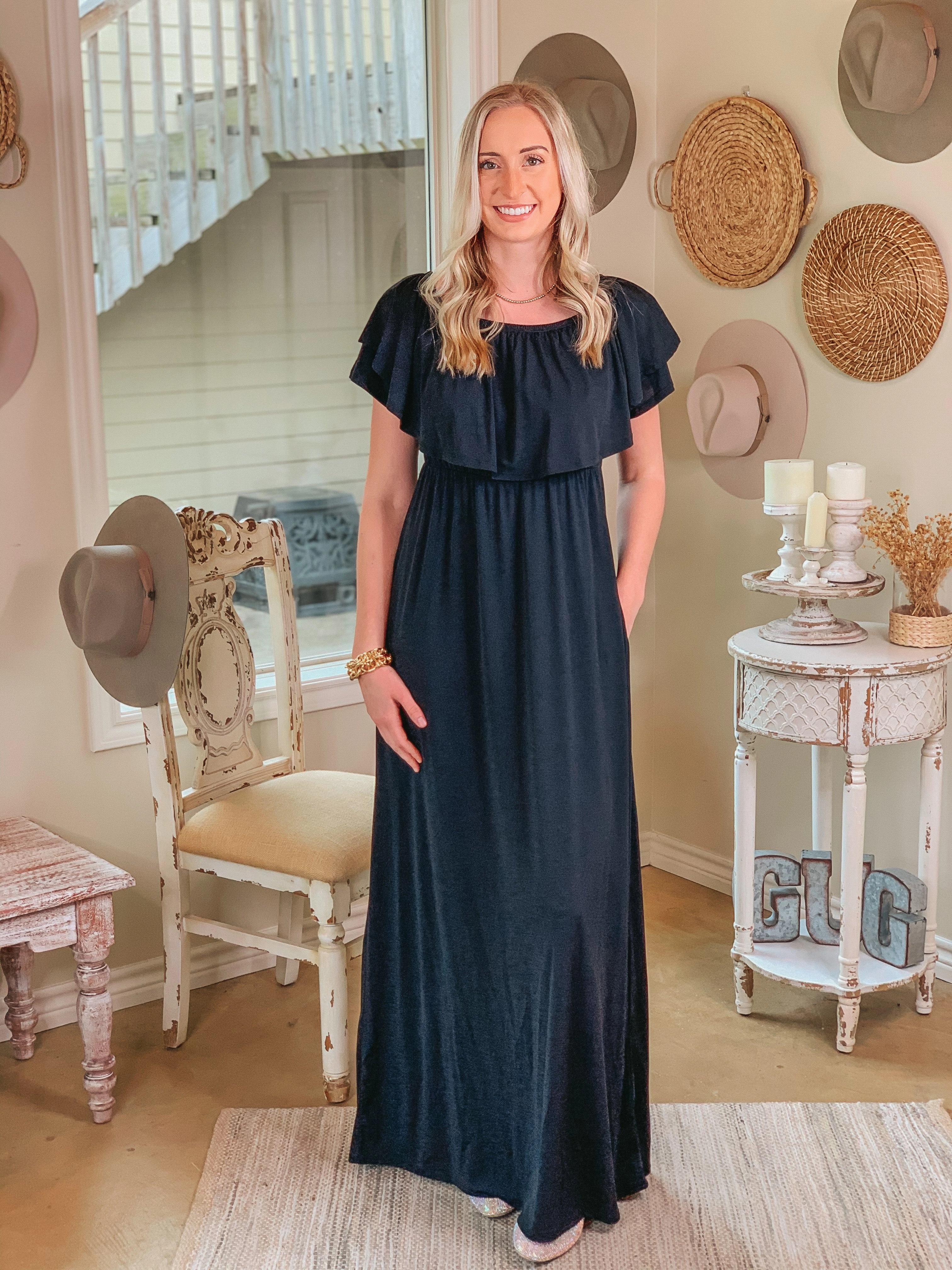 fresh start For Forever Bulgari Ruffled Maxi Dress in Black